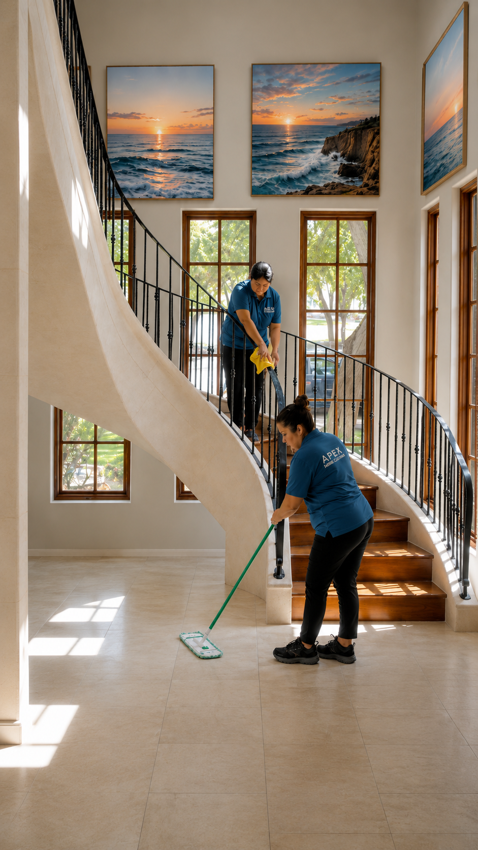 Apex Home Cleaning team cleaning the foyer and grand staircase of a Canyon Lake vacation home