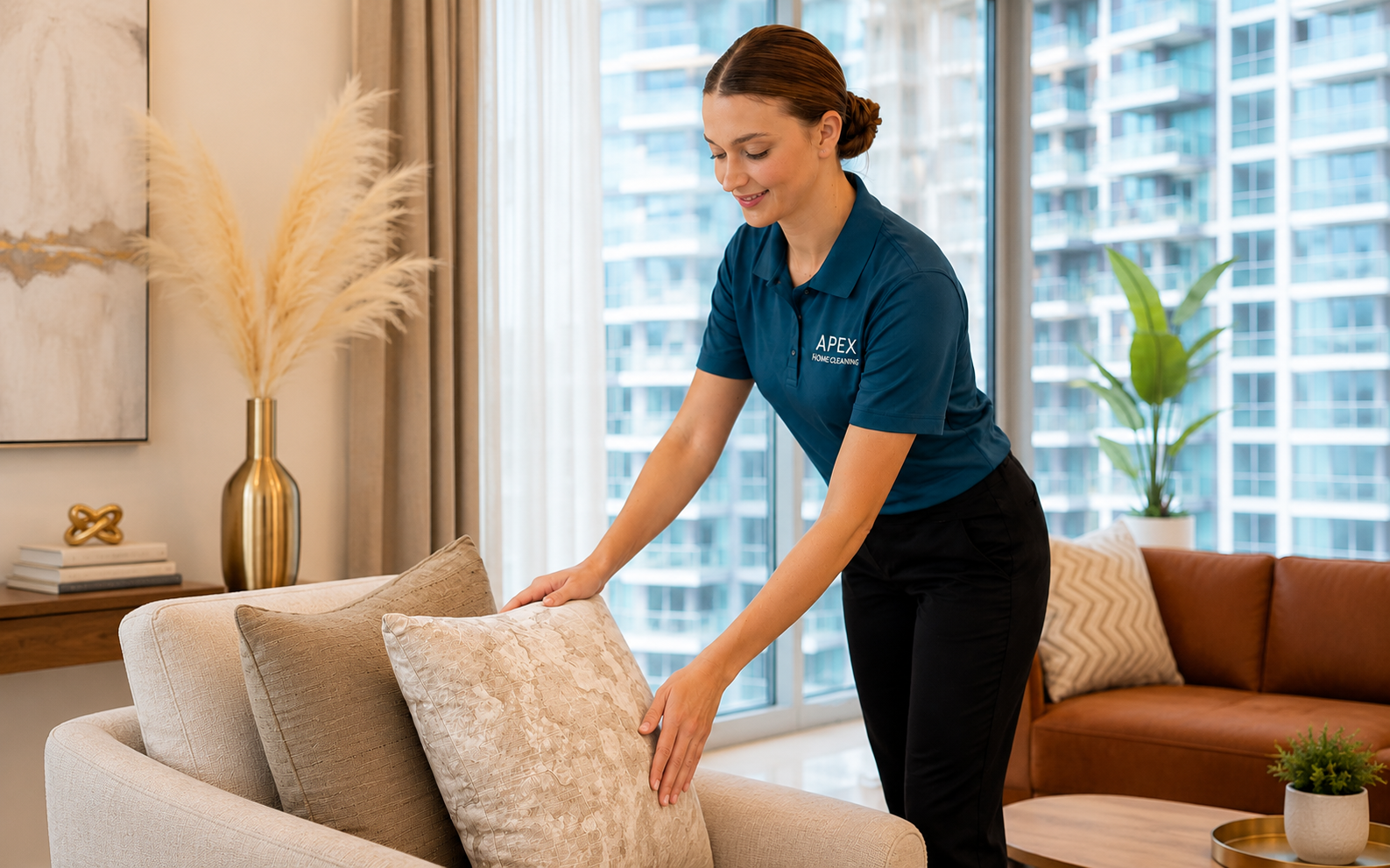 Apex Home Cleaning professional fluffing pillows during an Airbnb turnover reset