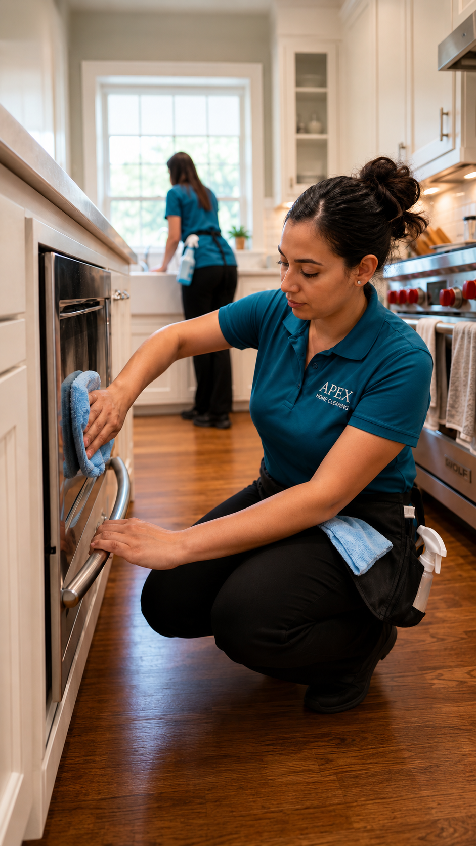 Apex Home Cleaning team cleaning the kitchen of a guest-ready San Jacinto rental