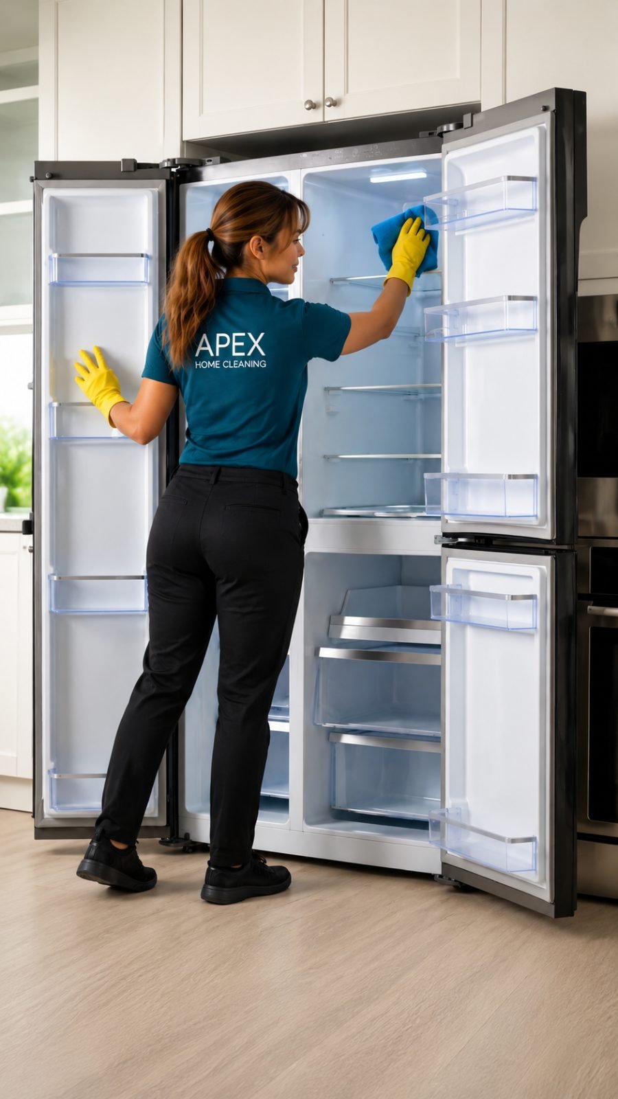Apex pro wiping down the interior shelves of a refrigerator in a Canyon Lake condo kitchen