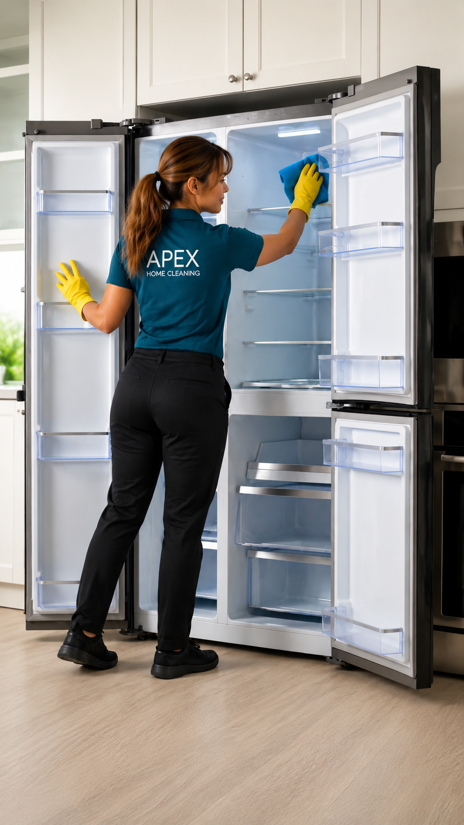 Apex pro wiping down the interior shelves of a refrigerator in a Canyon Lake condo kitchen