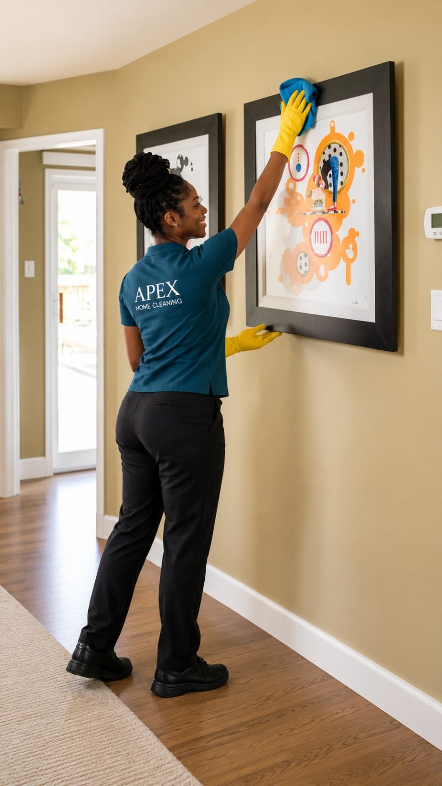 Apex pro dusting a framed print along the hallway wall of a Fallbrook condo
