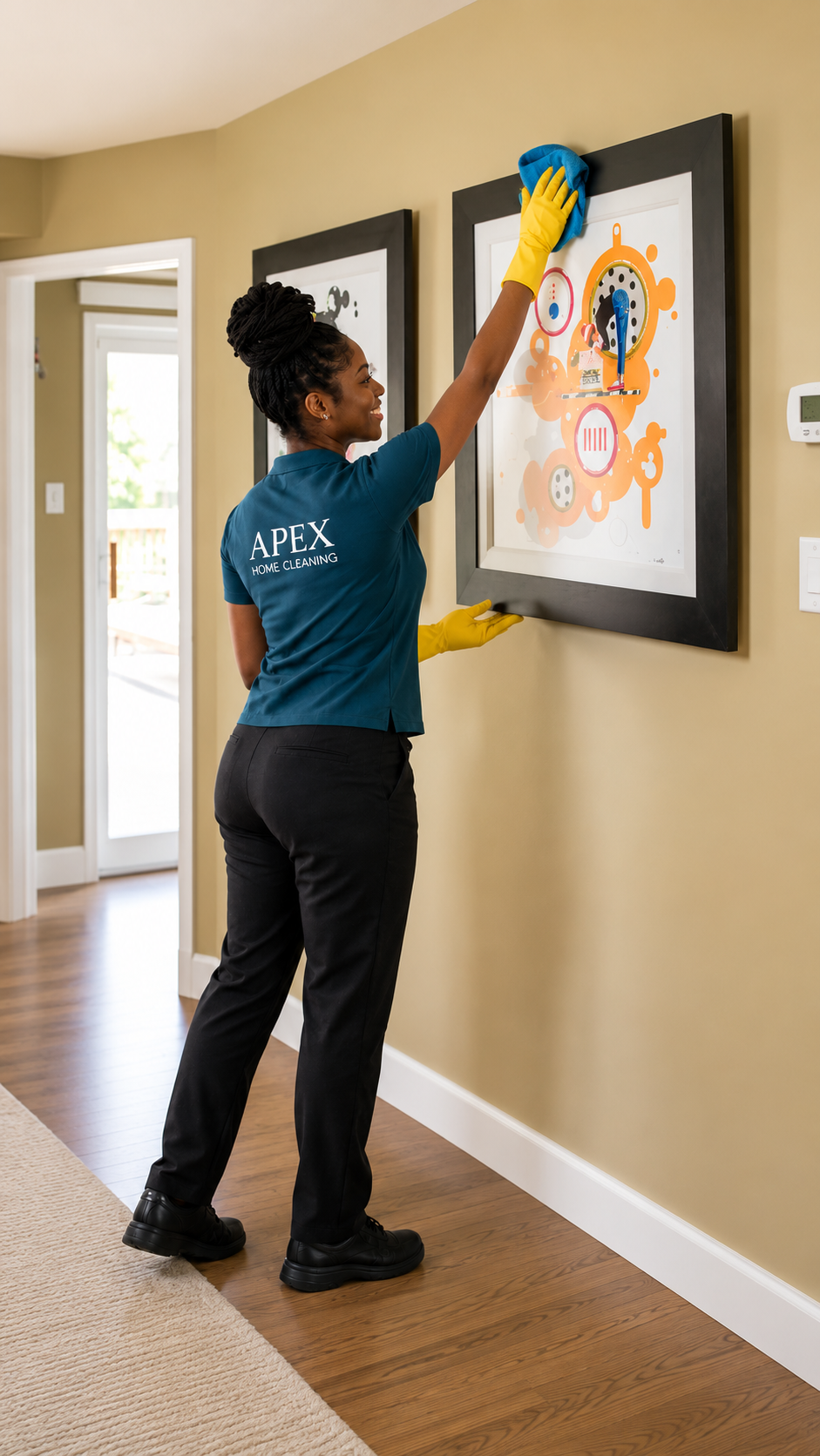 Apex pro dusting a framed print along the hallway wall of a Fallbrook condo