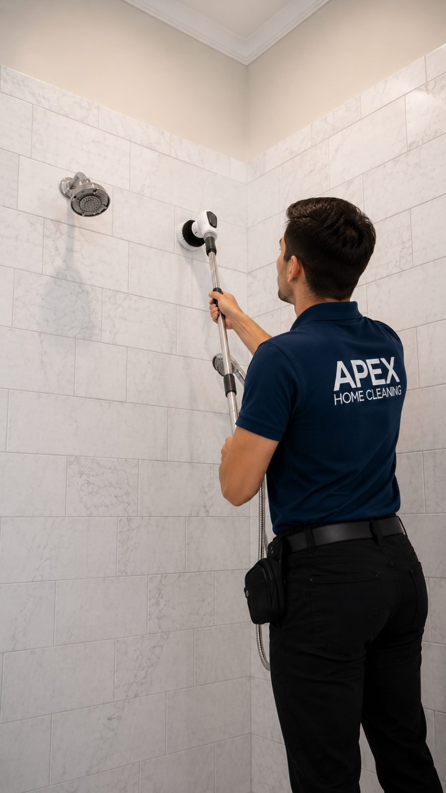 Apex pro power-scrubbing the marble shower tile in a French Valley condo bathroom