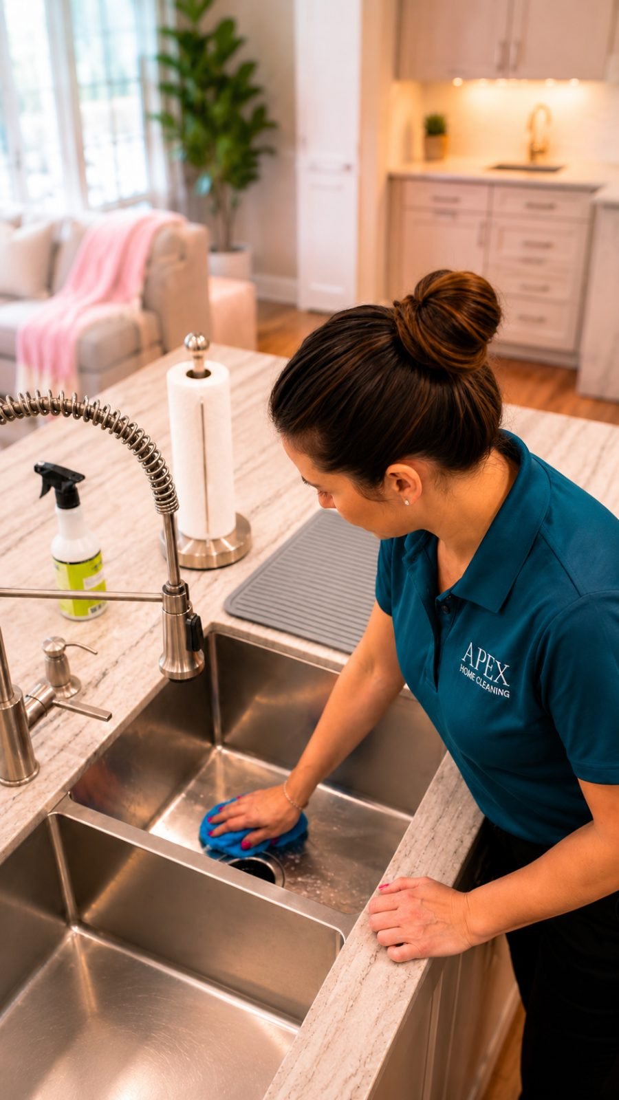 Apex pro scrubbing the stainless kitchen sink in a bright Menifee condo