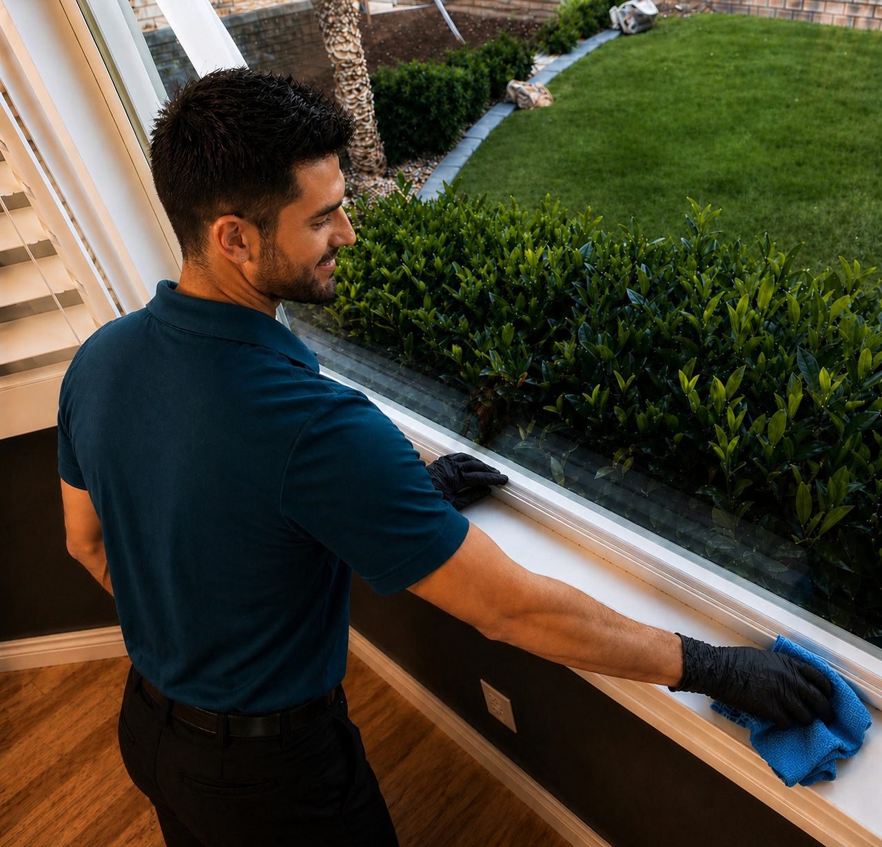 Apex pro dusting the window sill and trim in a Moreno Valley condo living room