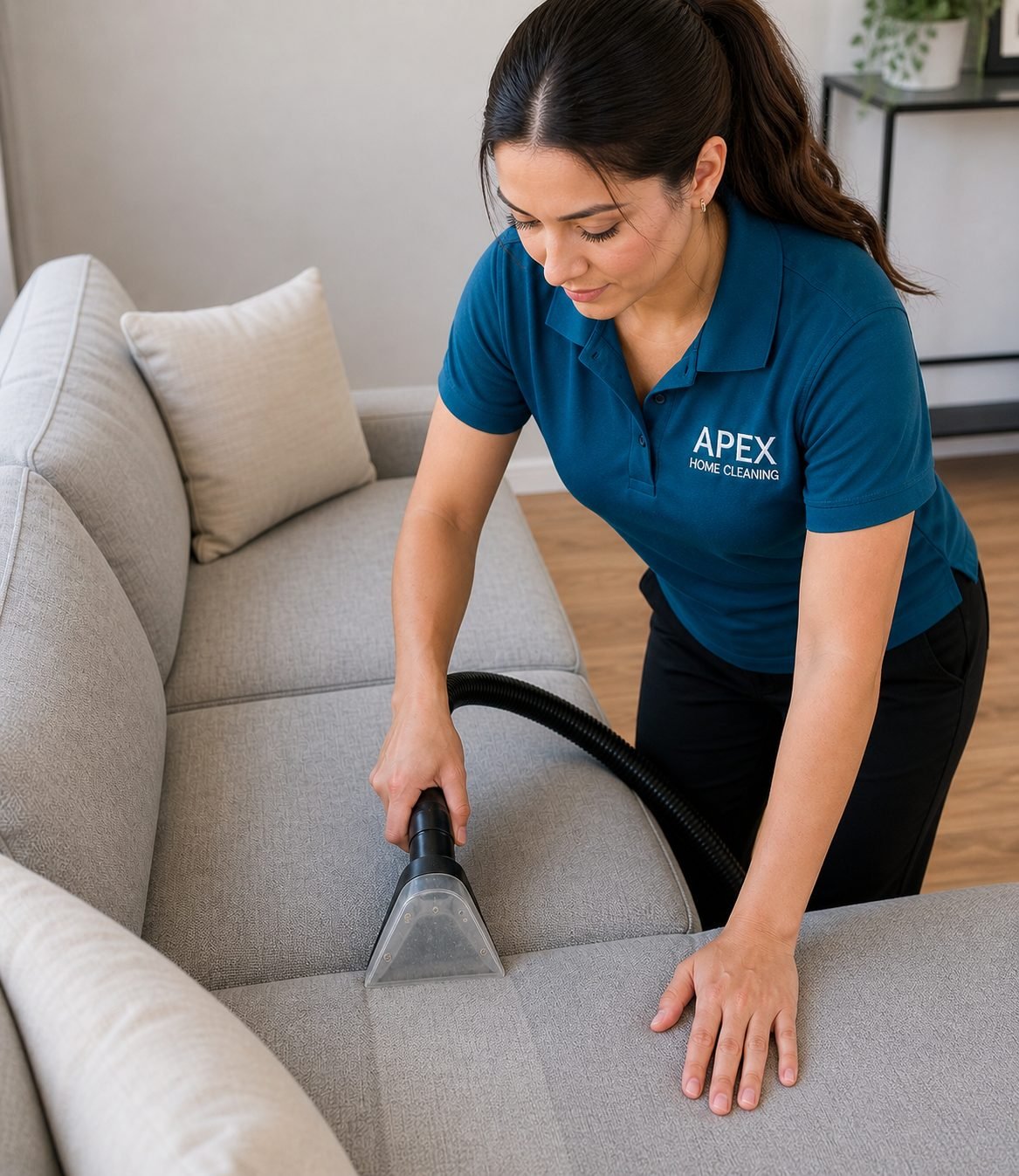 Apex pro vacuuming the upholstery of a sofa in a Perris condo living room