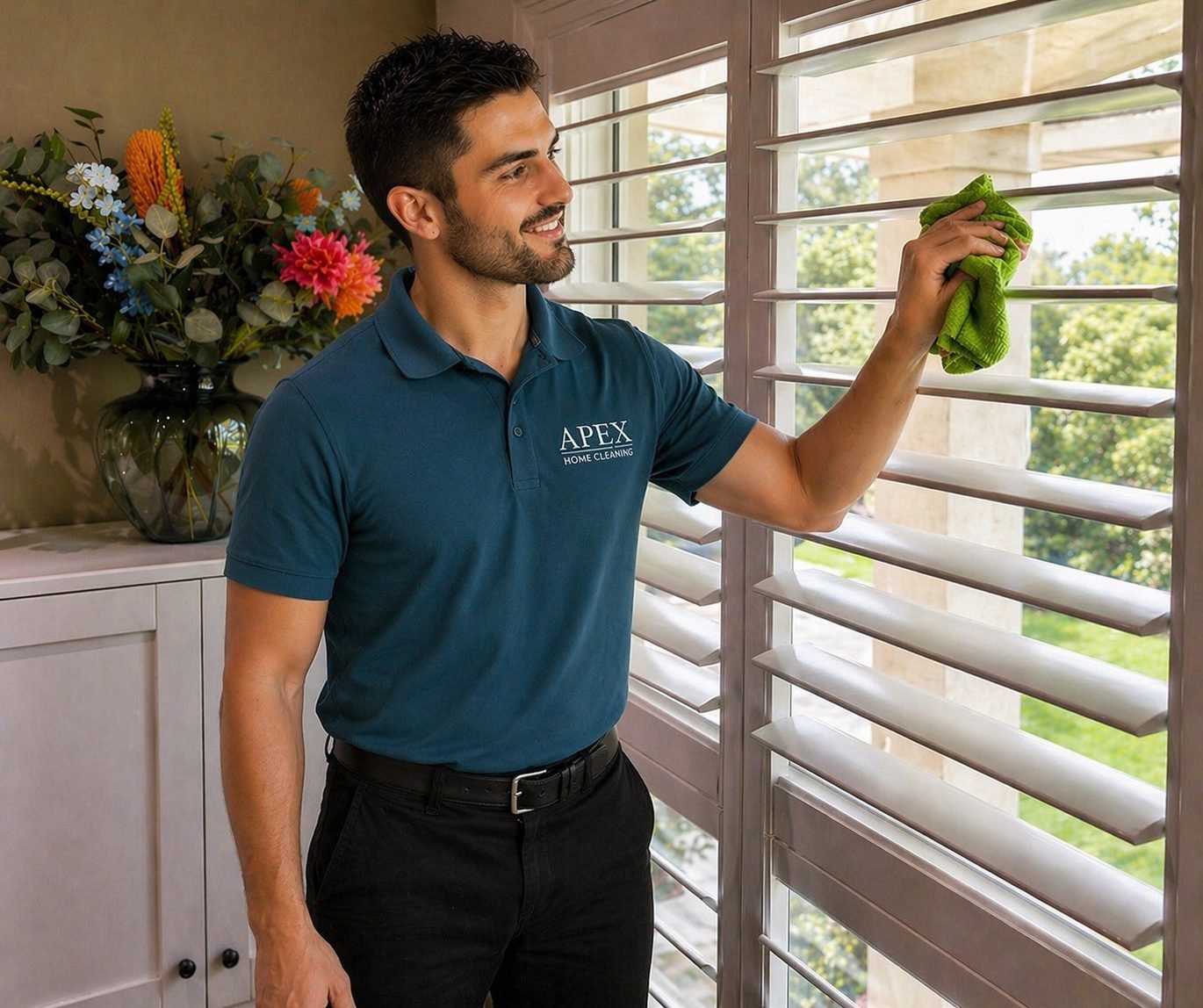 Apex pro dusting the plantation shutters by a window in a Perris apartment