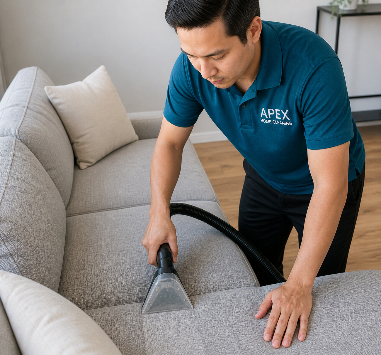 Apex pro vacuuming the upholstery of a sofa in a Riverside apartment living room