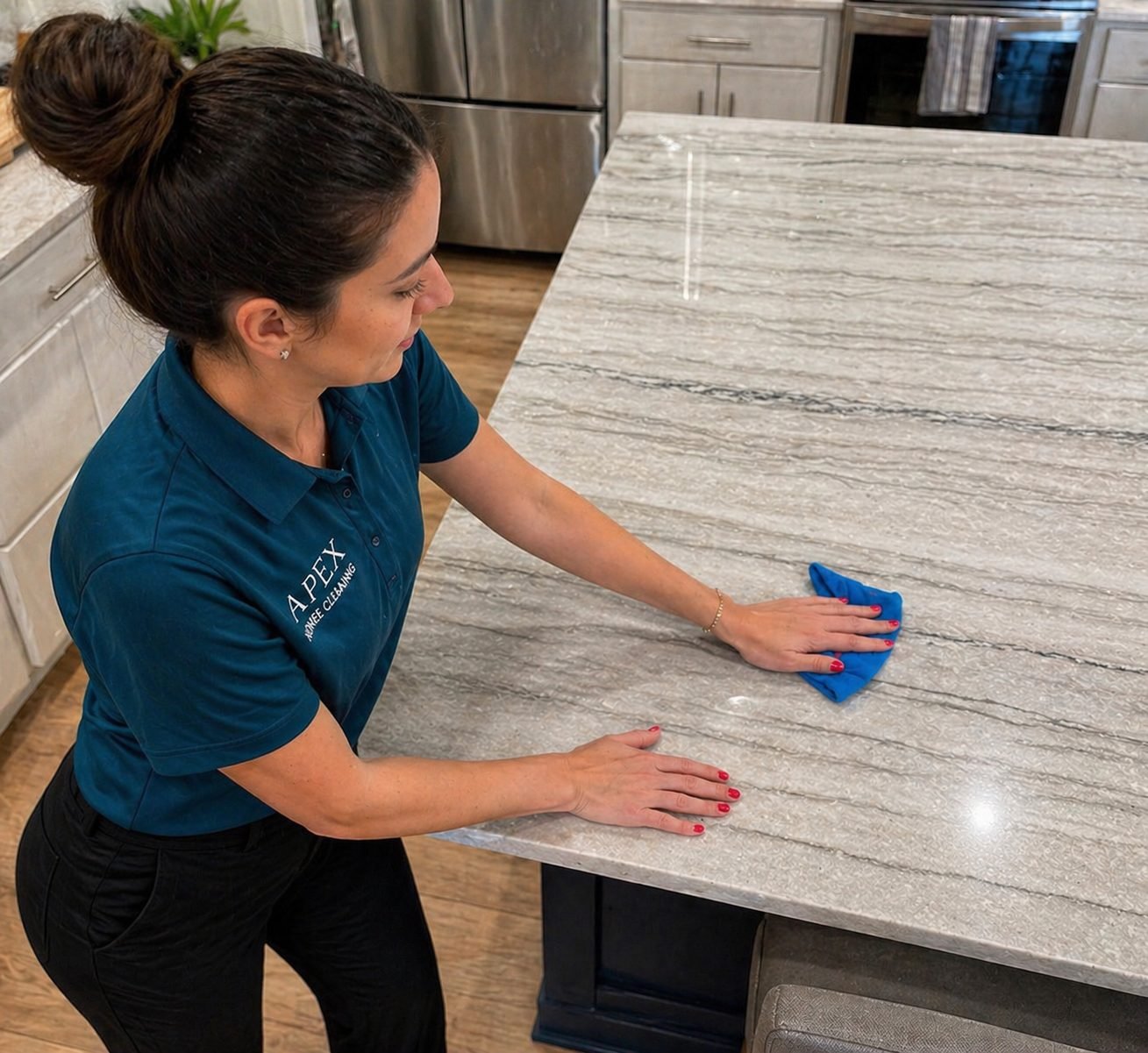 Apex pro dusting a pendant light fixture in a San Jacinto condo kitchen