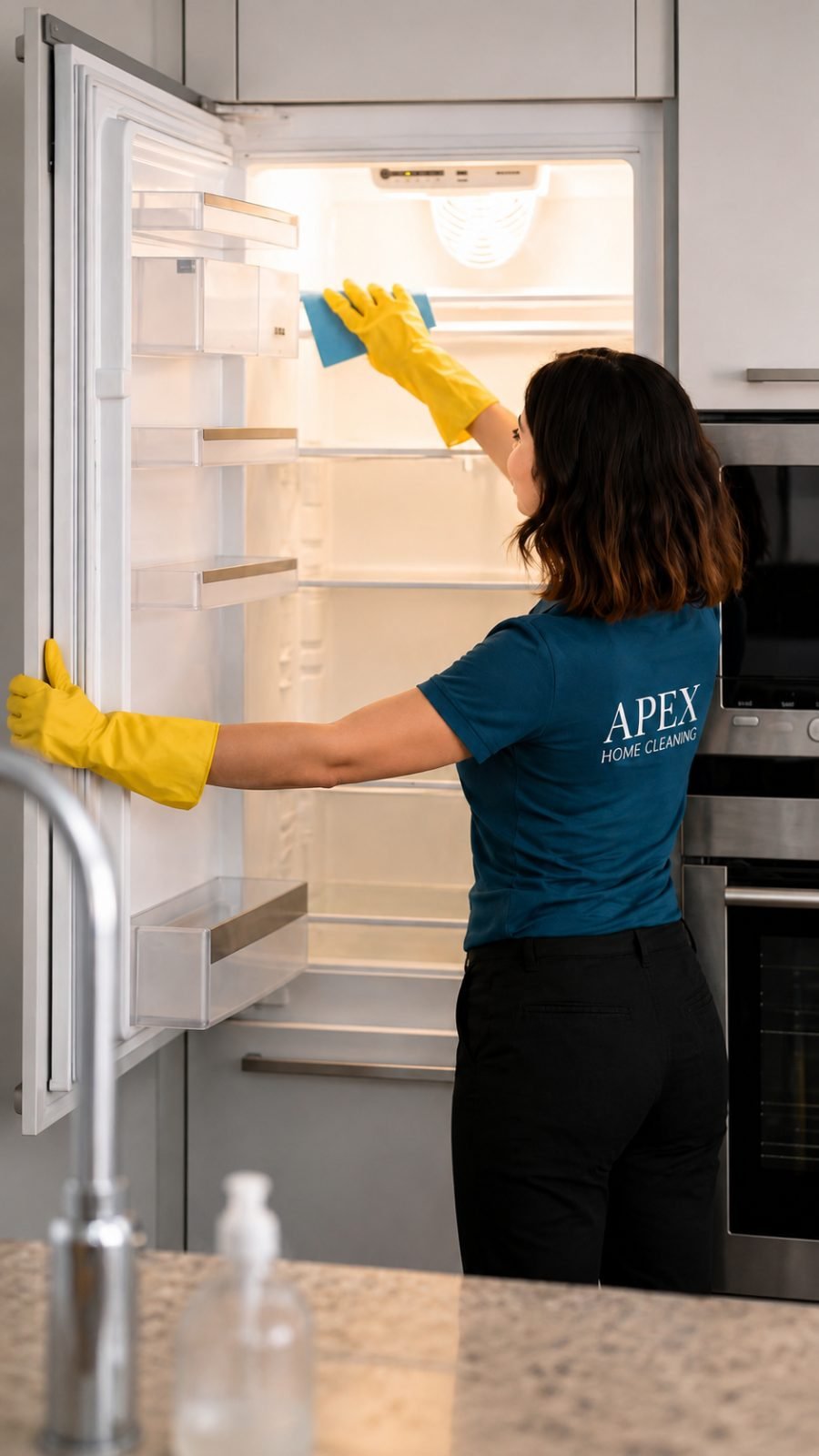Apex pro cleaning the interior of a refrigerator in a Temecula condo kitchen