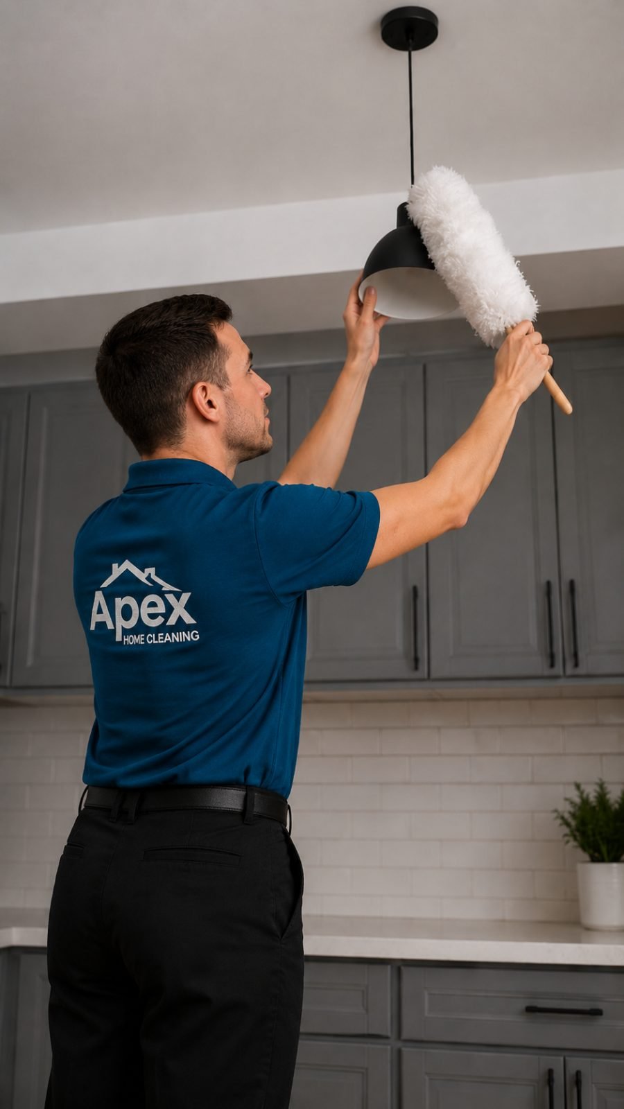 Apex pro dusting a pendant light fixture in a Winchester condo kitchen