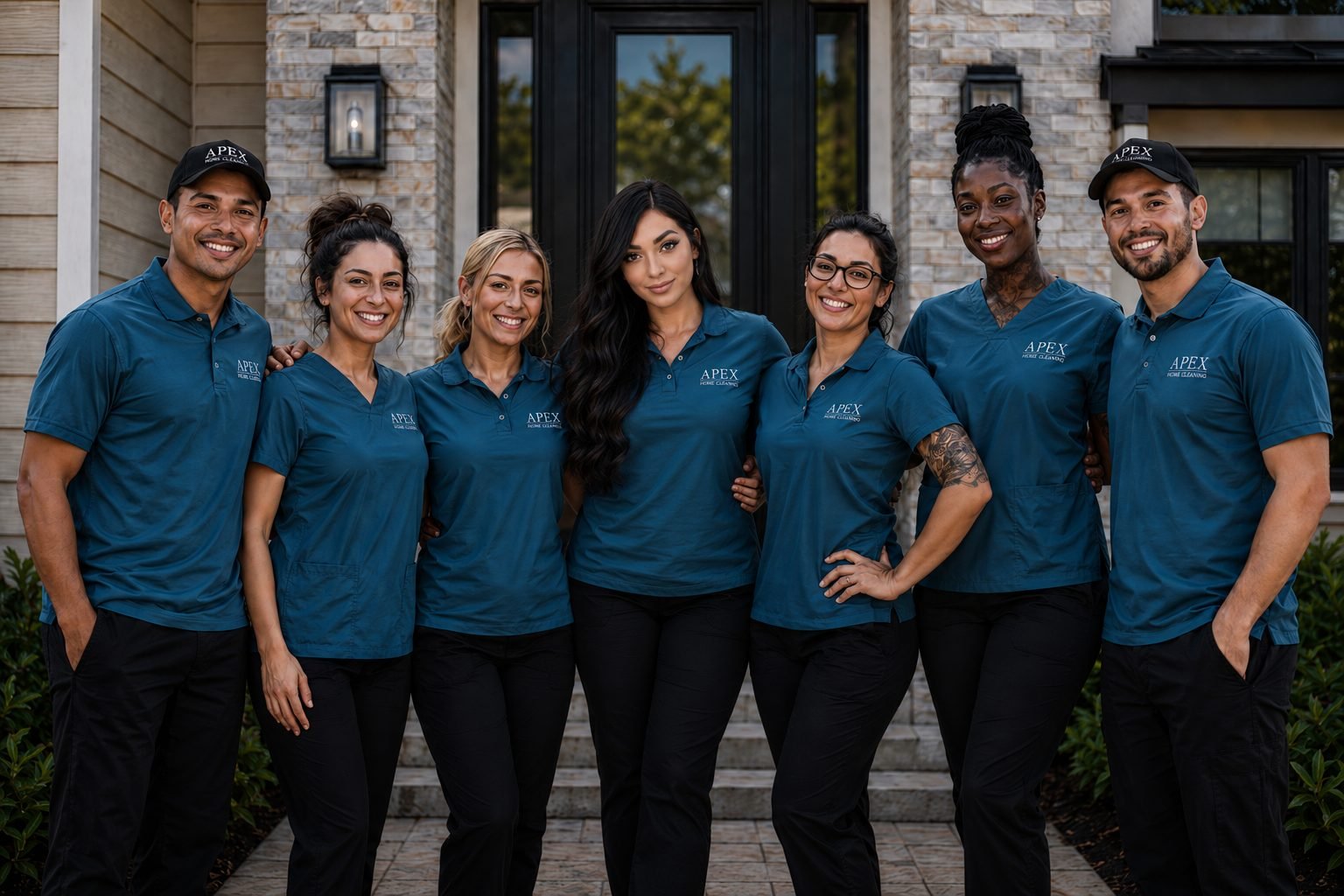 The Apex Home Cleaning team smiling together outside a Murrieta home