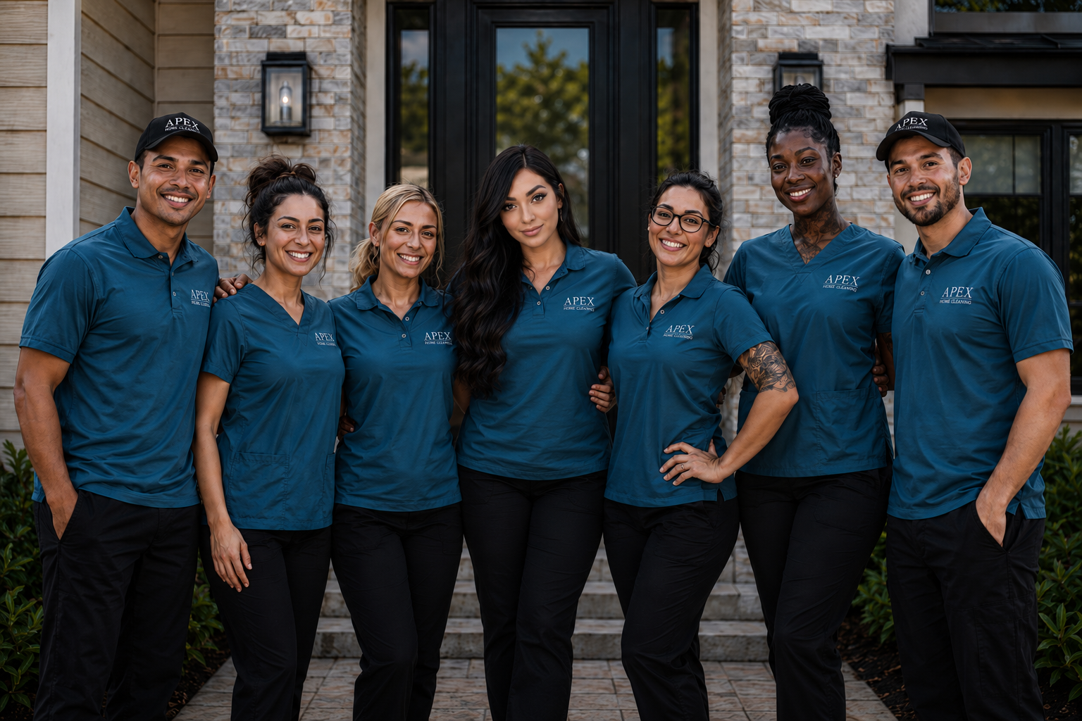 The Apex Home Cleaning team smiling together outside a Murrieta home
