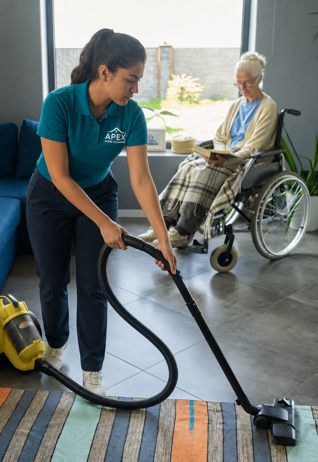 Apex Home Cleaning professional vacuuming a commercial common area