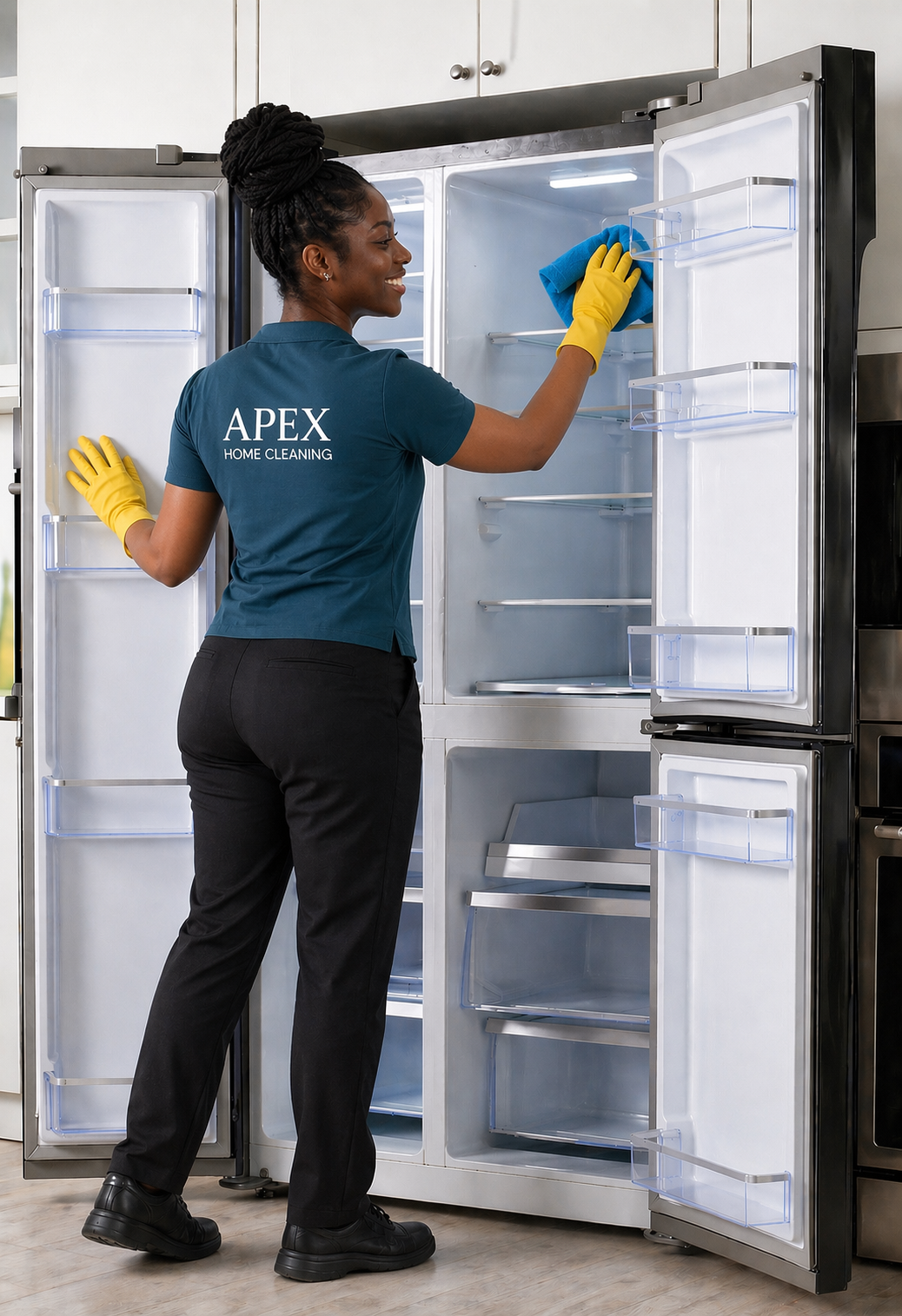 Apex Home Cleaning professional cleaning the inside of a refrigerator