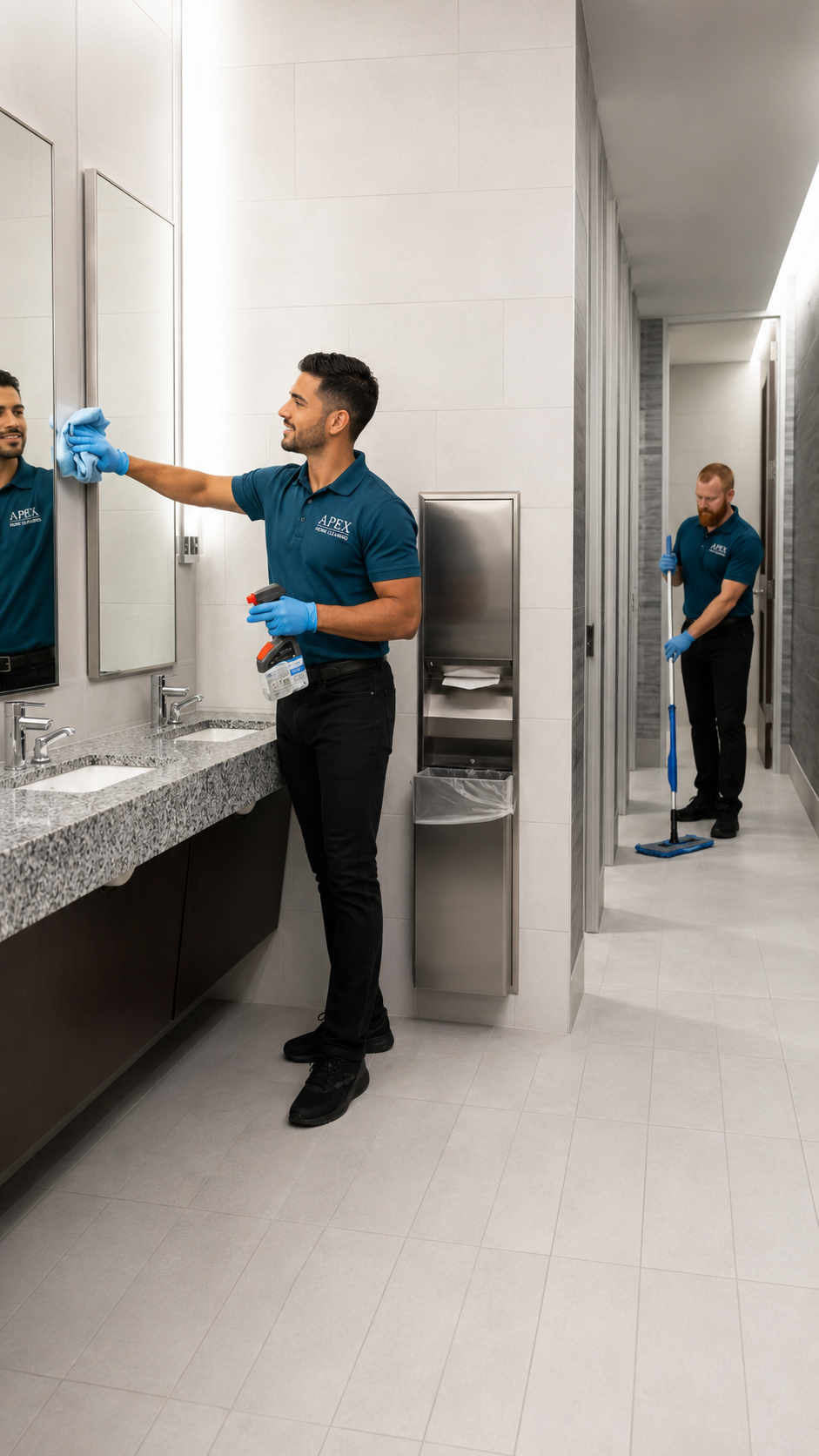 Apex pros cleaning a commercial restroom in Corona