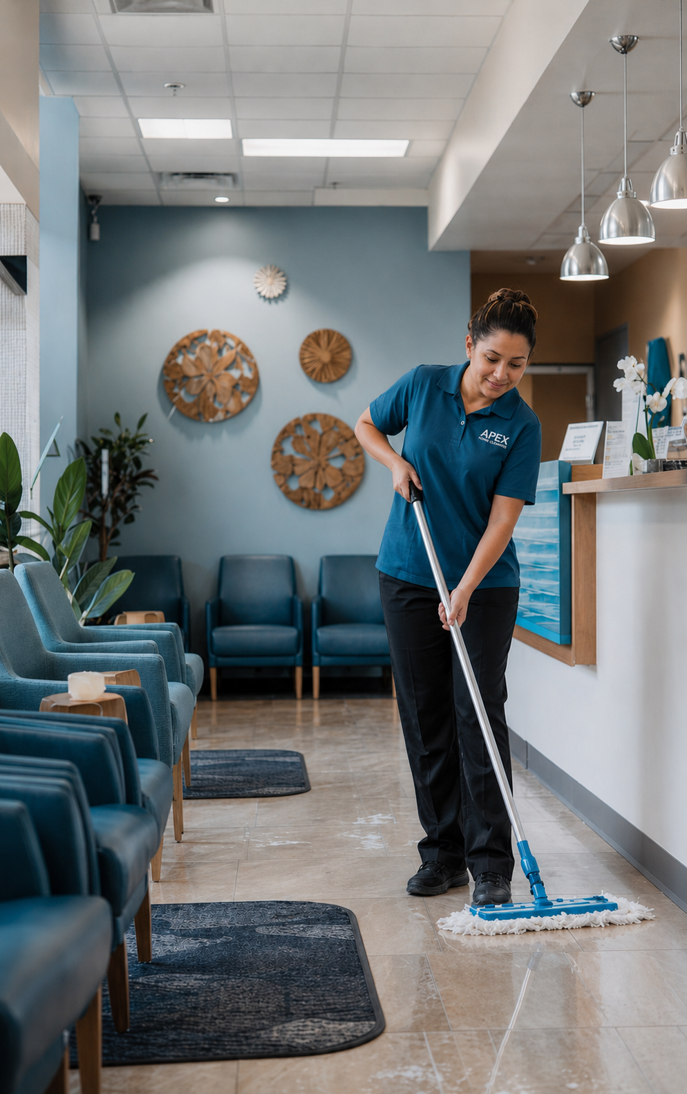 Apex commercial cleaner dust-mopping a hardwood lobby floor in Fallbrook