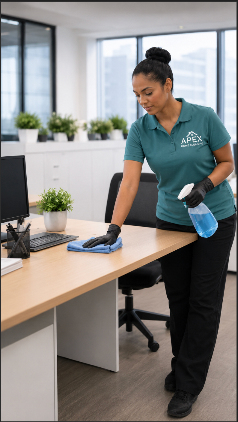 Apex commercial cleaner wiping down a desk in a Moreno Valley office