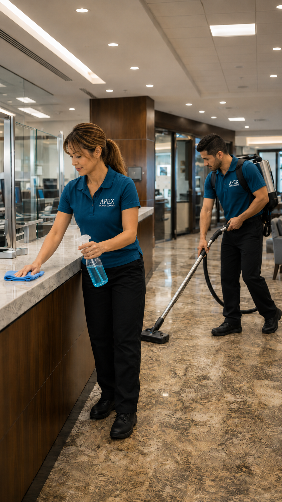 Apex pro maintaining hardwood floors in a Temecula office lounge