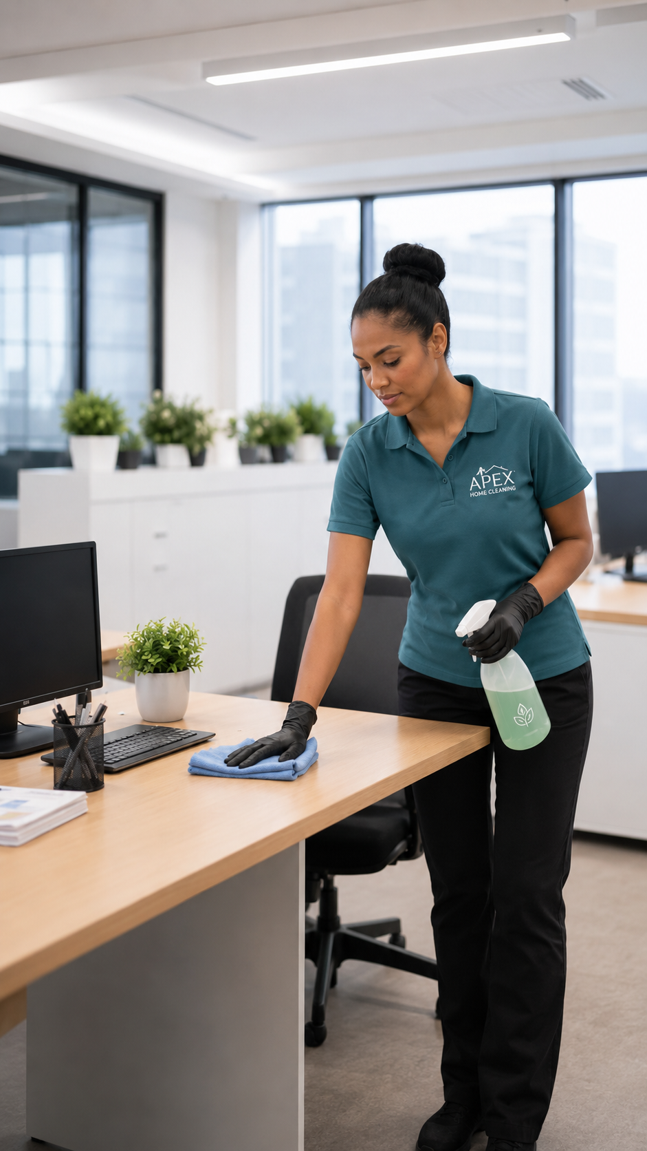 Apex pro wiping down a desk in a Wildomar office