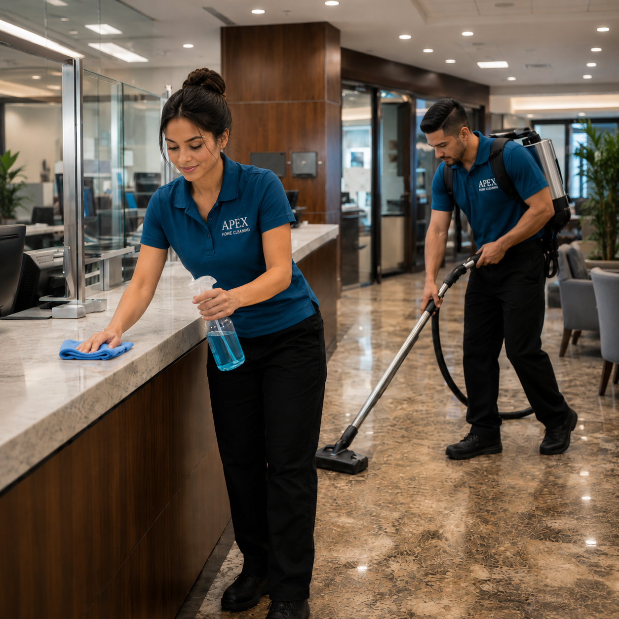 Two Apex Home Cleaning team members cleaning a bank lobby counter and floor