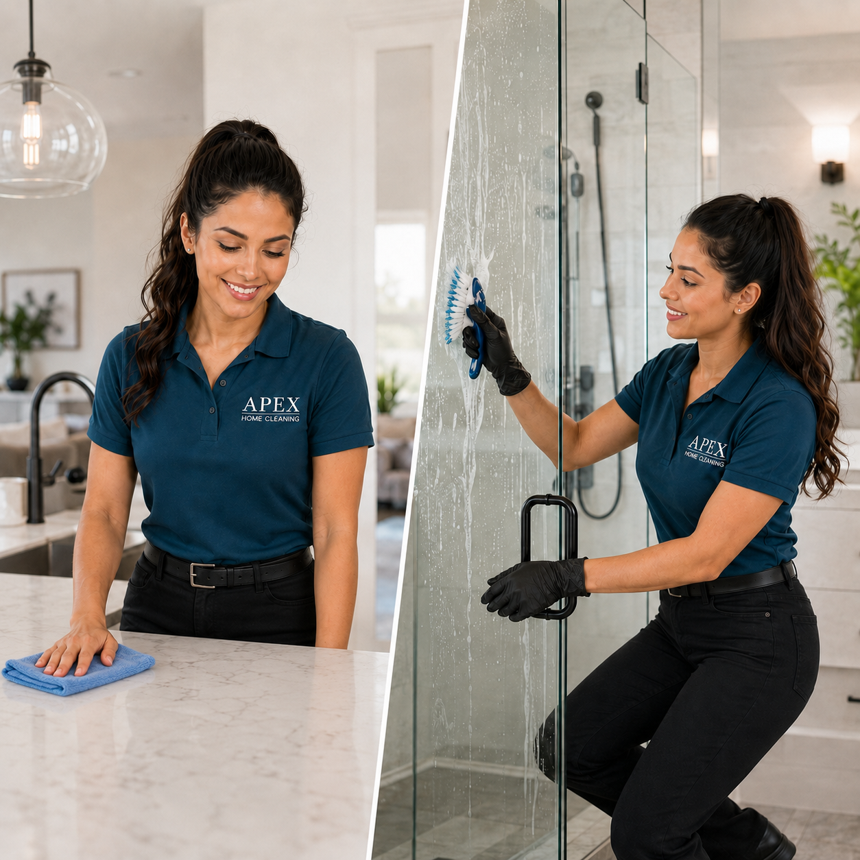 Apex cleaning professionals wiping a marble countertop and scrubbing a glass shower door in a Canyon Lake home