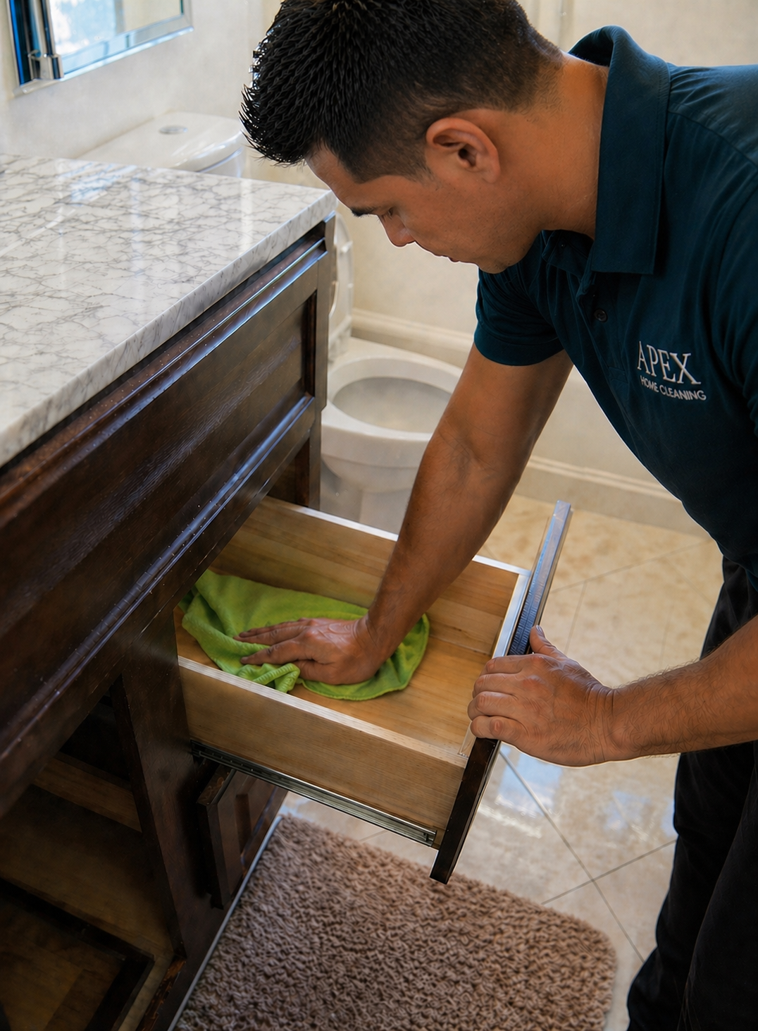 Apex Home Cleaning professional wiping out an open bathroom vanity drawer in a Corona home