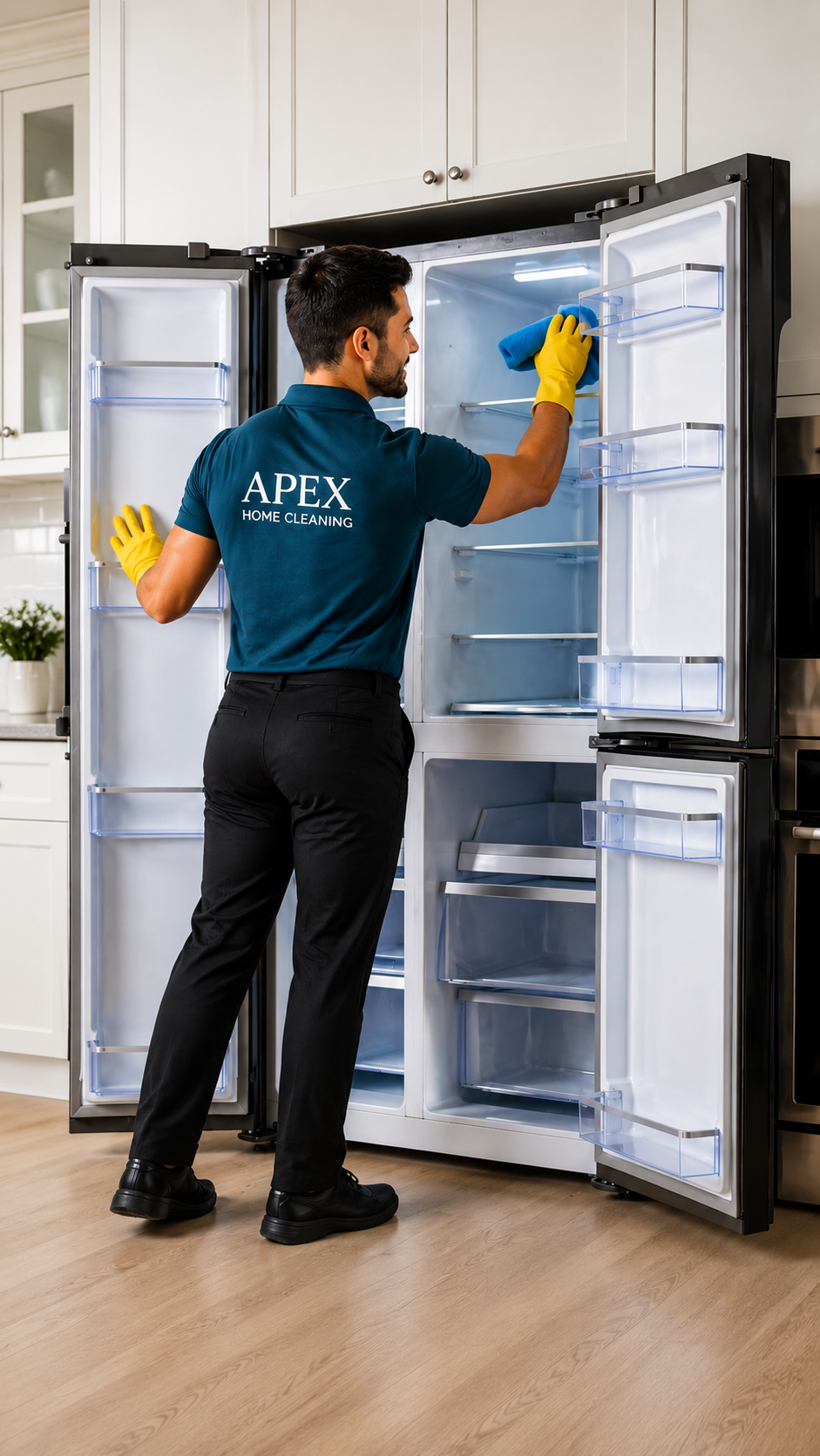 Apex cleaning professional in gloves wiping down the interior shelves of a refrigerator in a Hemet kitchen