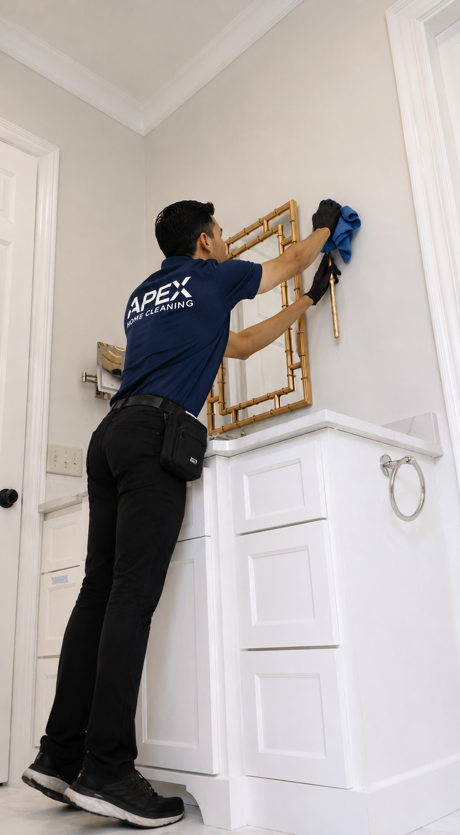 Apex cleaning professional wiping down a gold-framed mirror above a bathroom vanity in a Menifee home