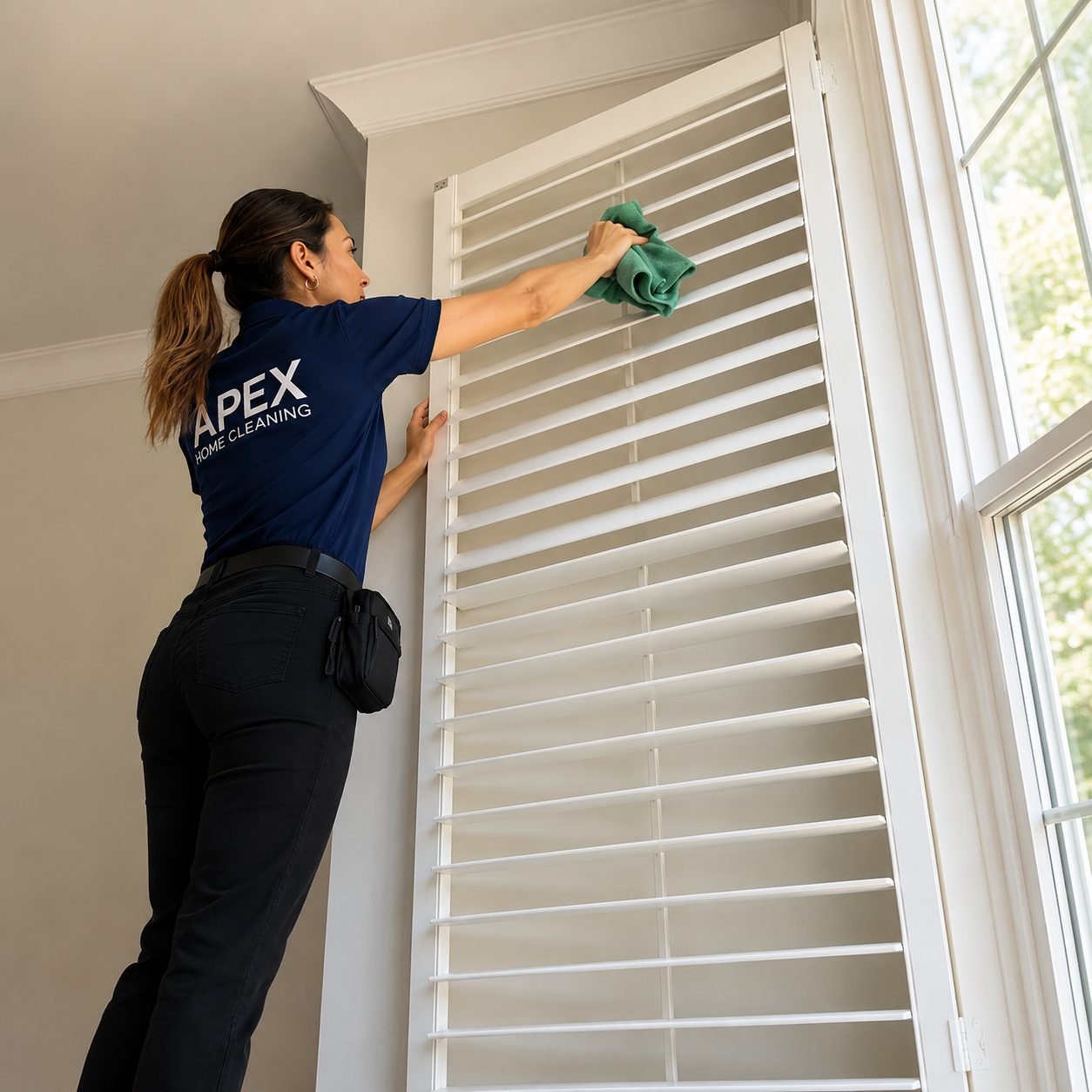 Apex cleaner wiping down plantation shutter slats during a deep clean