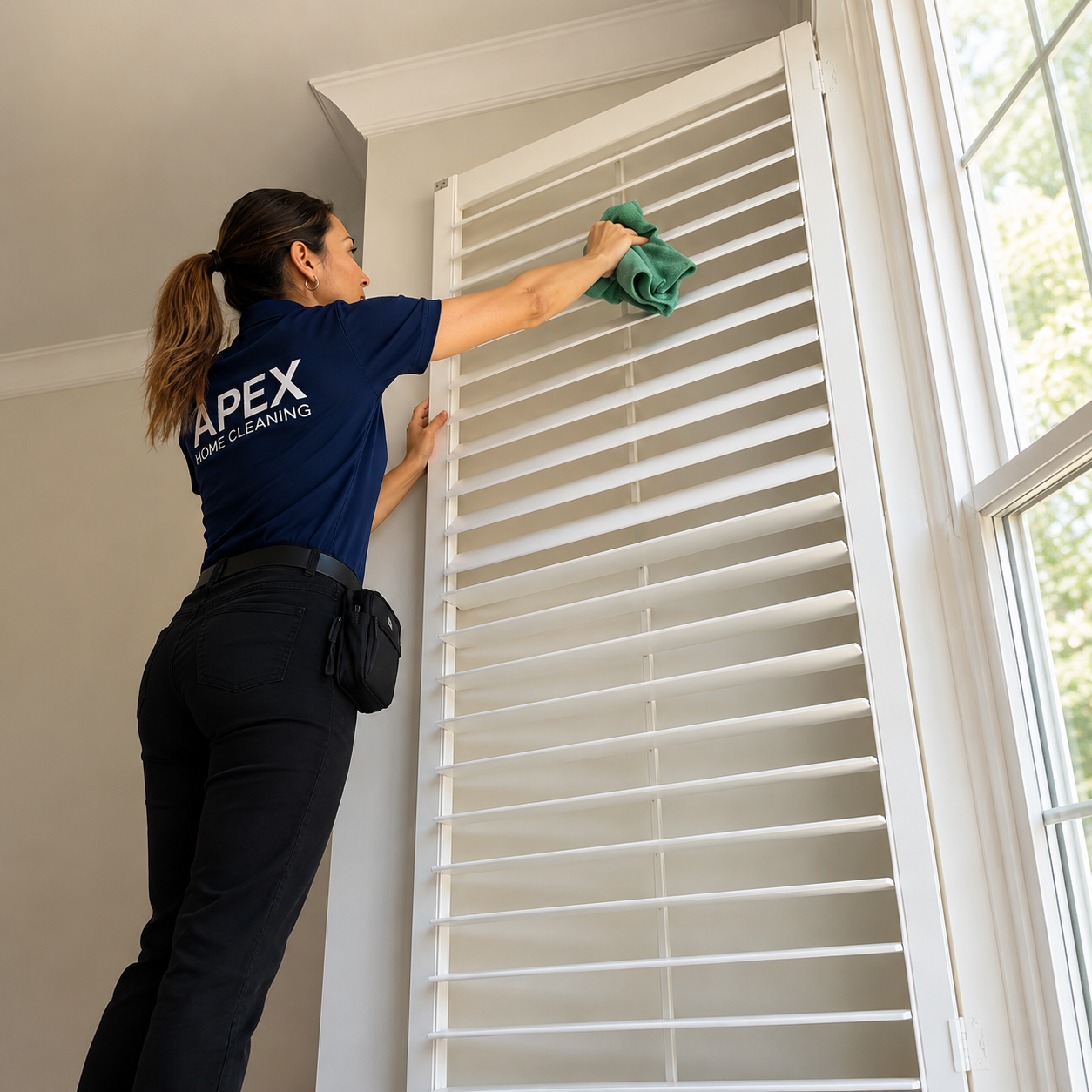 Apex cleaner wiping down plantation shutter slats during a deep clean