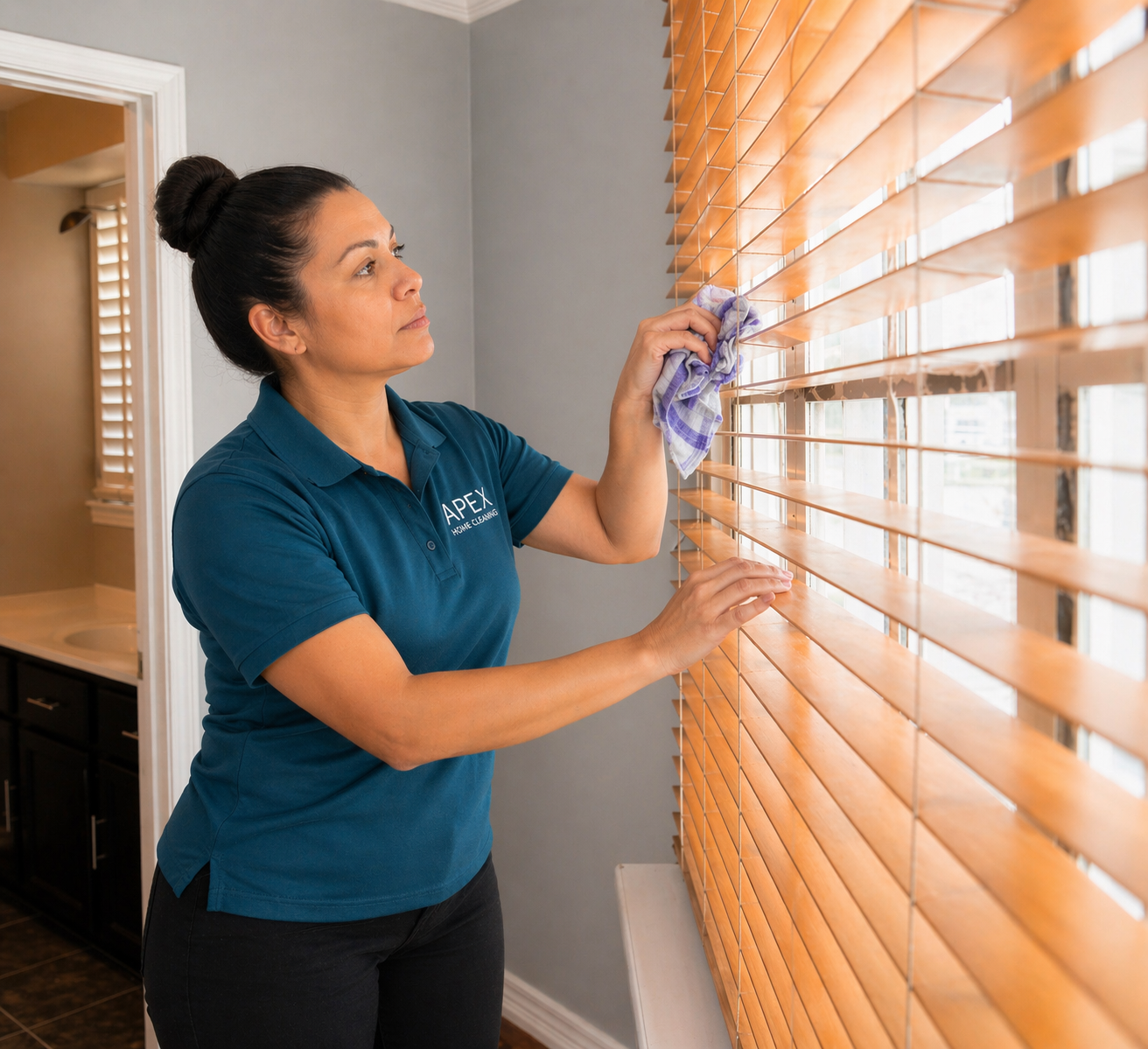 Apex cleaning professional dusting wooden window blinds with a cloth in a Temecula home