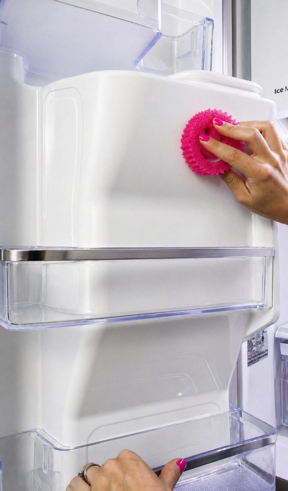 Hands wiping down the inside shelves and drawers of a refrigerator in a Canyon Lake kitchen