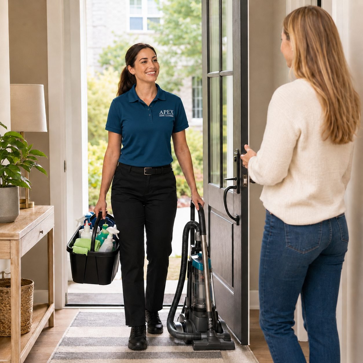 Apex cleaning professional arriving at the door with eco-friendly supplies to greet a Fallbrook homeowner
