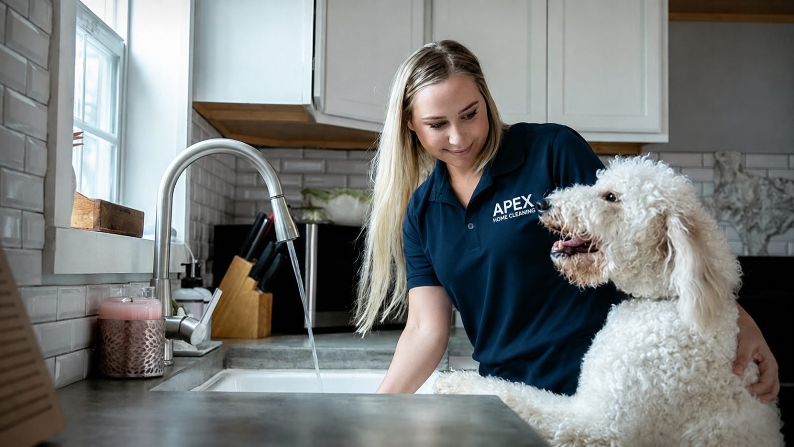 Apex cleaning professional spraying and wiping down a marble kitchen island countertop in a bright French Valley home