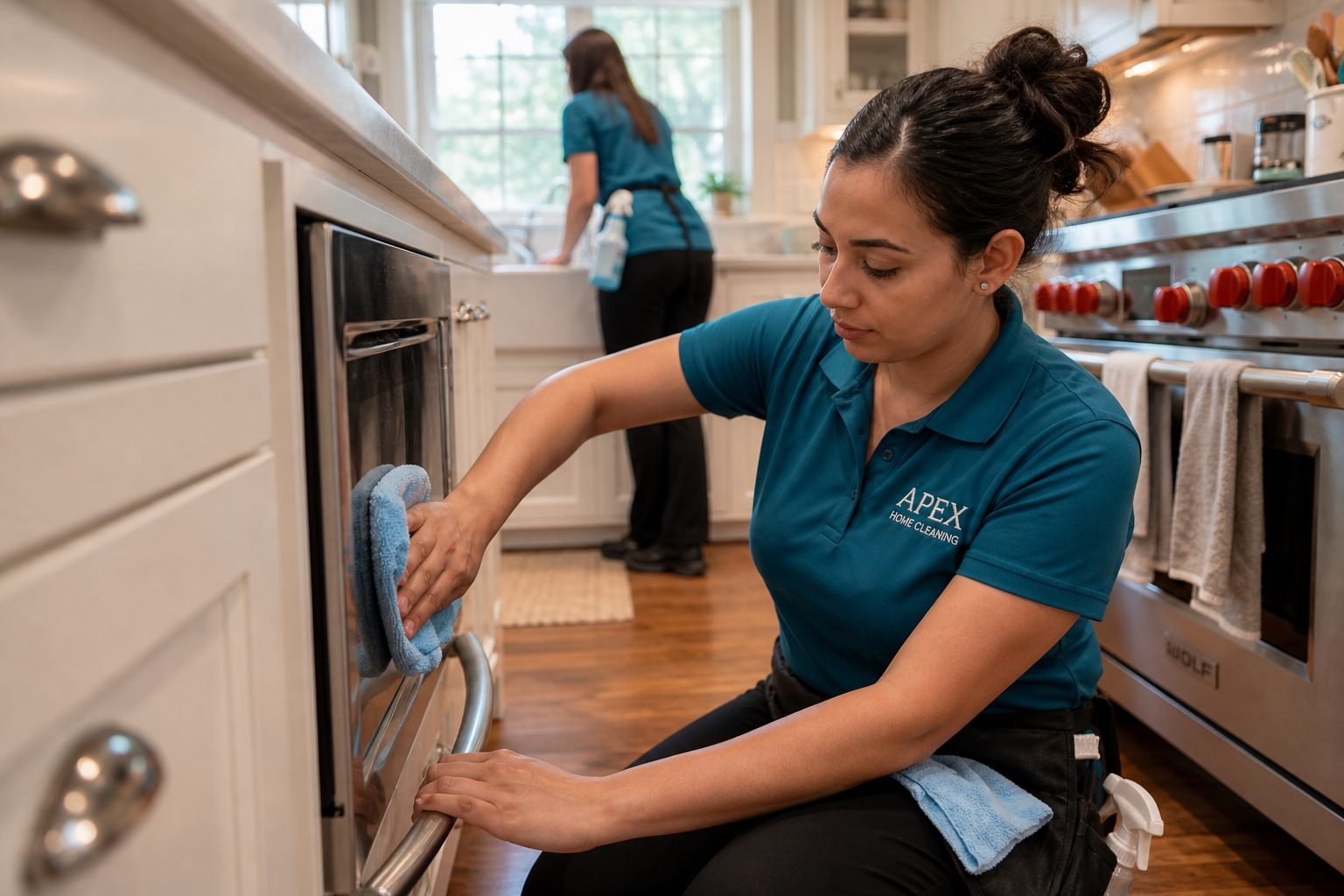 Two Apex cleaning professionals working together in a Hemet kitchen, one wiping the oven door and one at the sink