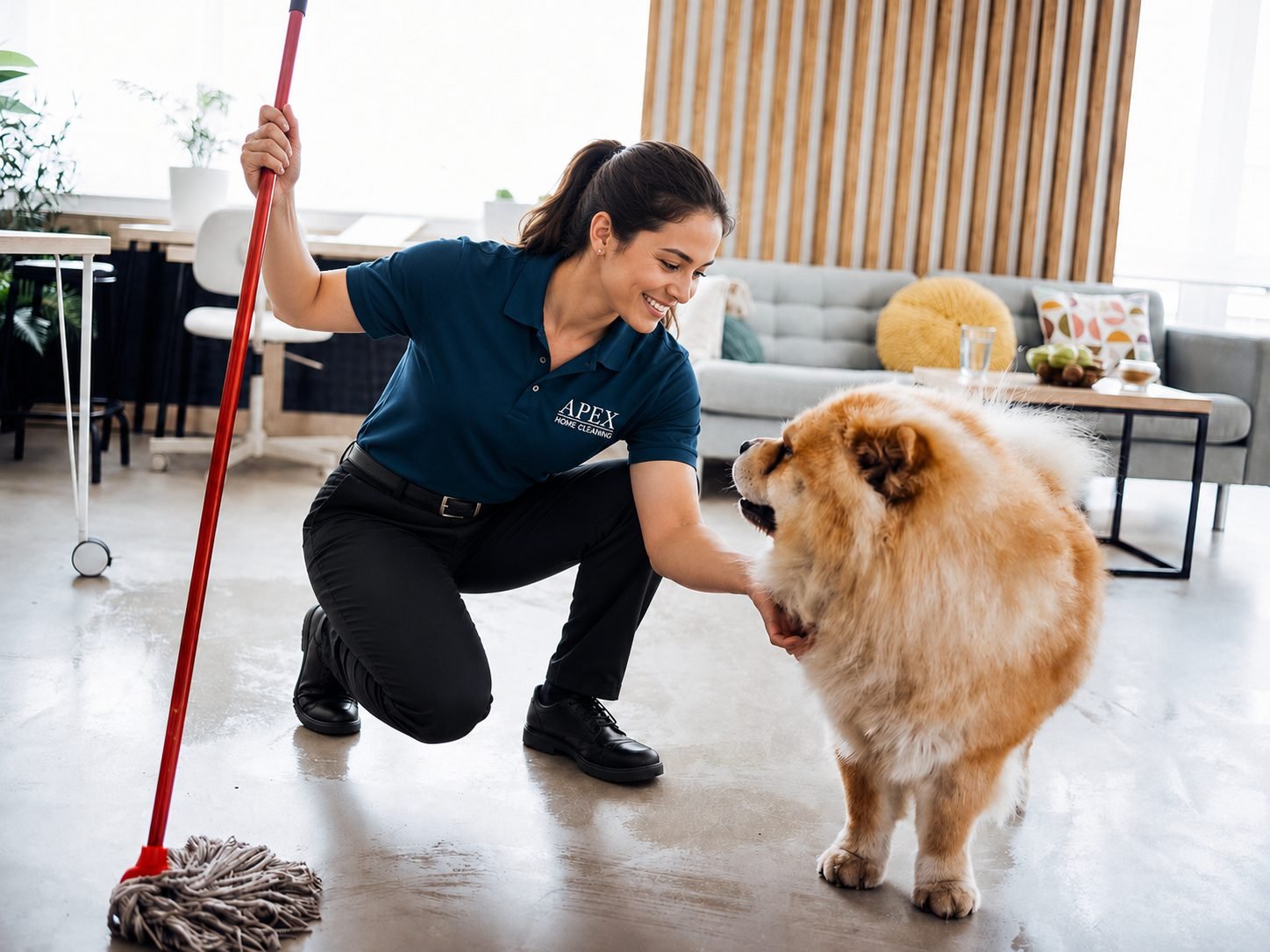 Apex cleaning pro greeting a friendly dog while mopping a Murrieta home