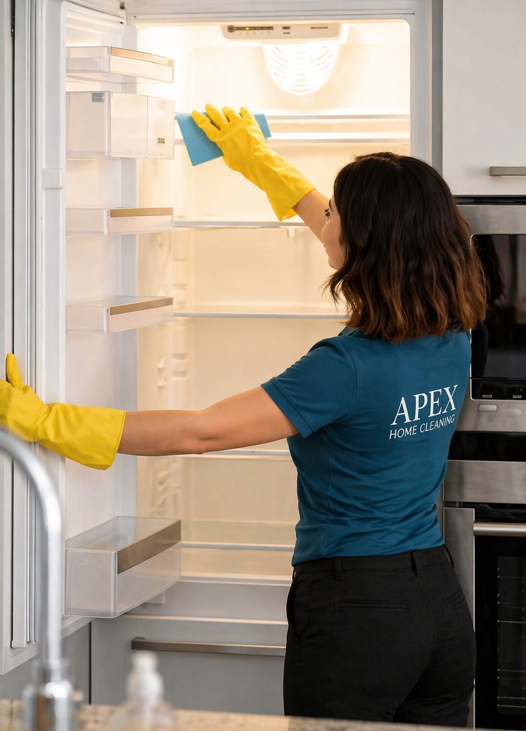 Apex cleaning professional wiping down a marble kitchen island countertop in a Lake Elsinore home