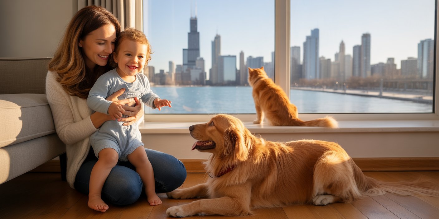 A mother and child with their dog and cat relaxing by a sunny window in a clean Lake Elsinore home