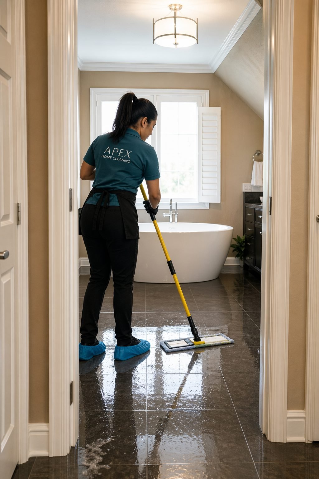 Apex cleaning professional in shoe covers mopping a glossy tile bathroom floor in a Menifee home