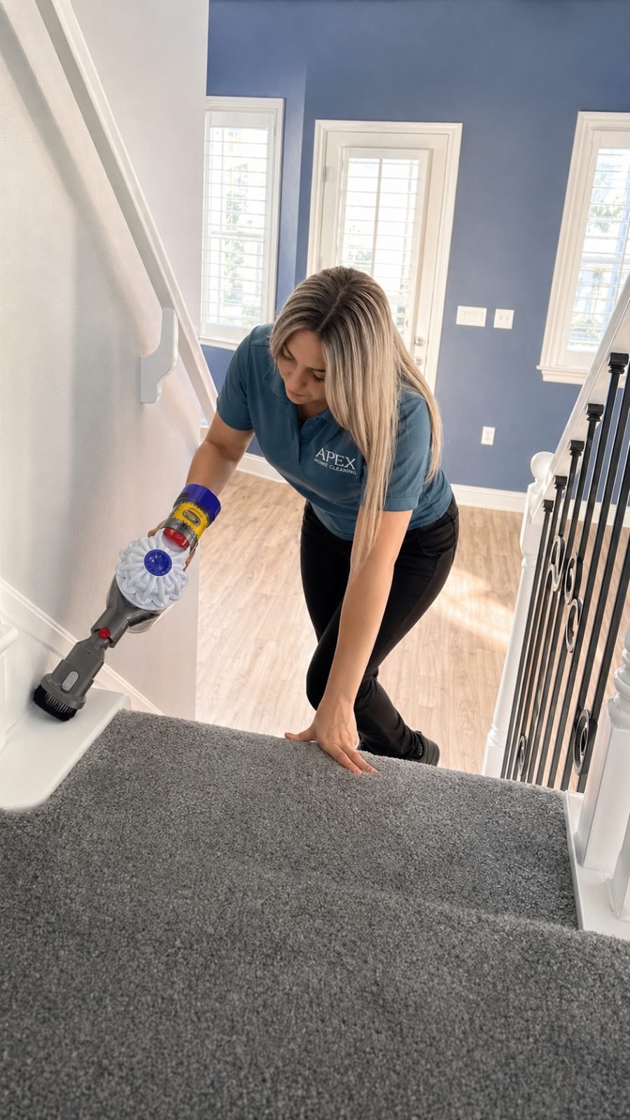 Apex cleaning professional vacuuming a carpeted staircase with a handheld brush tool in a Temecula home