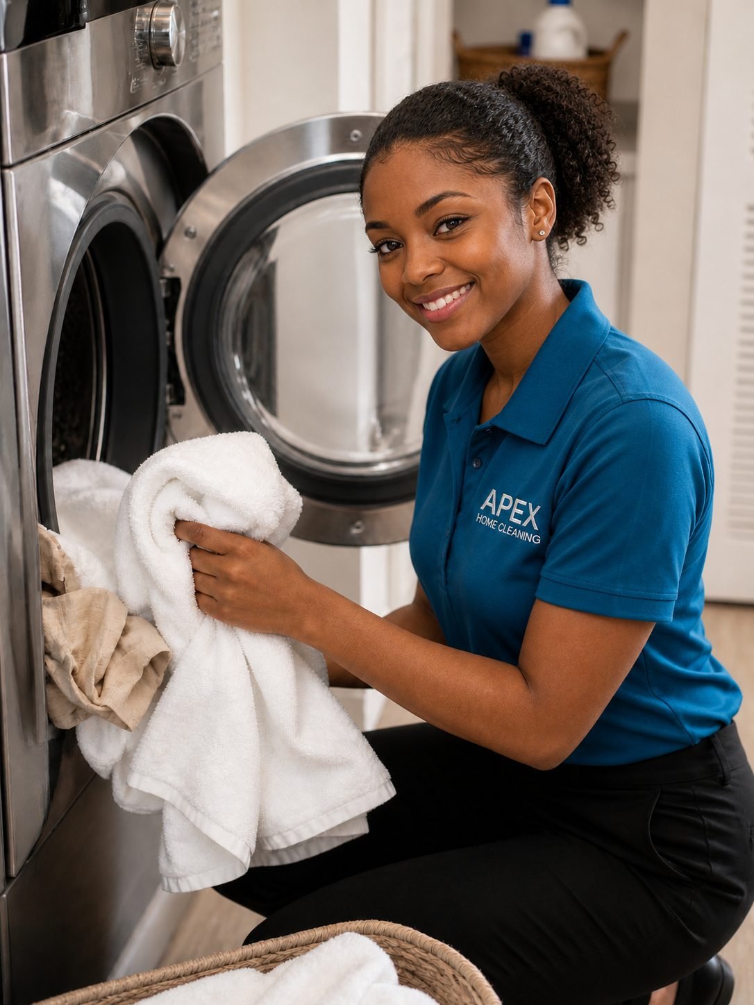 Smiling Apex cleaning professional folding fresh white towels by the dryer in a Wildomar laundry room