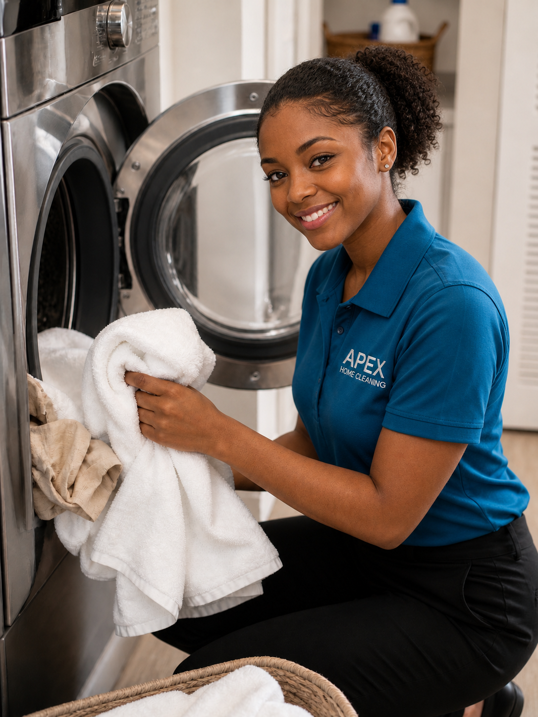 Smiling Apex cleaning professional folding fresh white towels by the dryer in a Wildomar laundry room