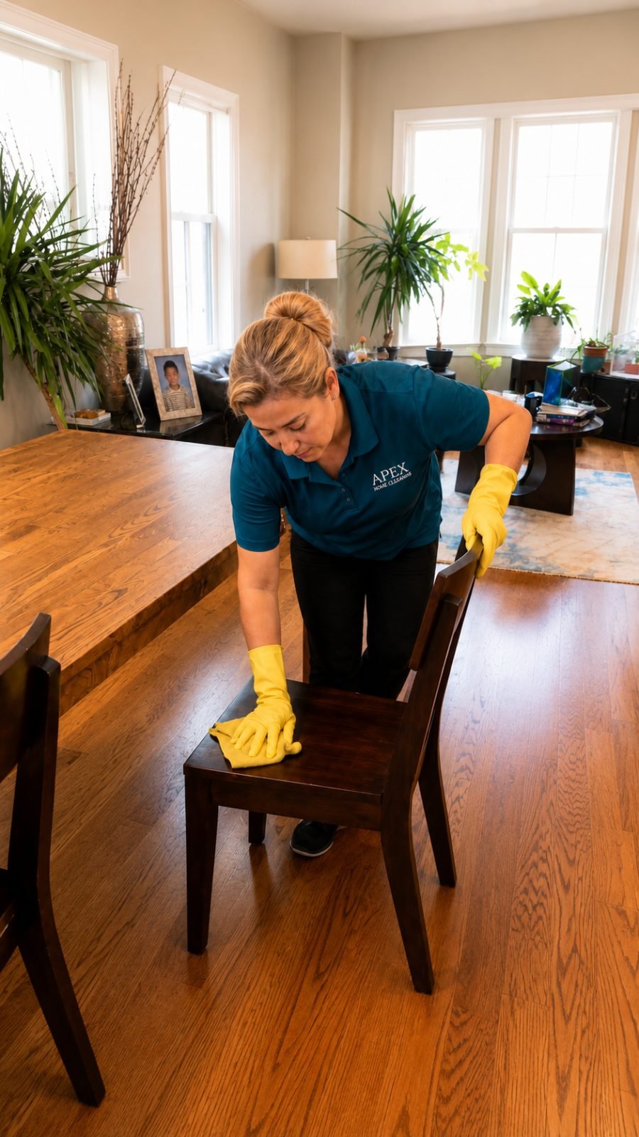 Apex cleaning professional wiping down a wooden dining chair in a plant-filled Winchester home