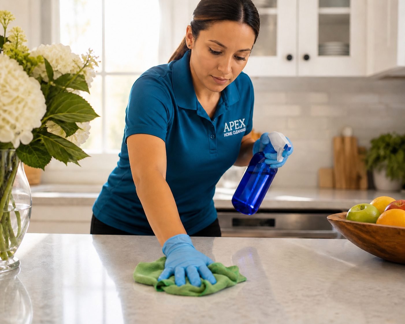 Apex cleaning professional wiping down a kitchen countertop with a green cloth and spray bottle in a Winchester home