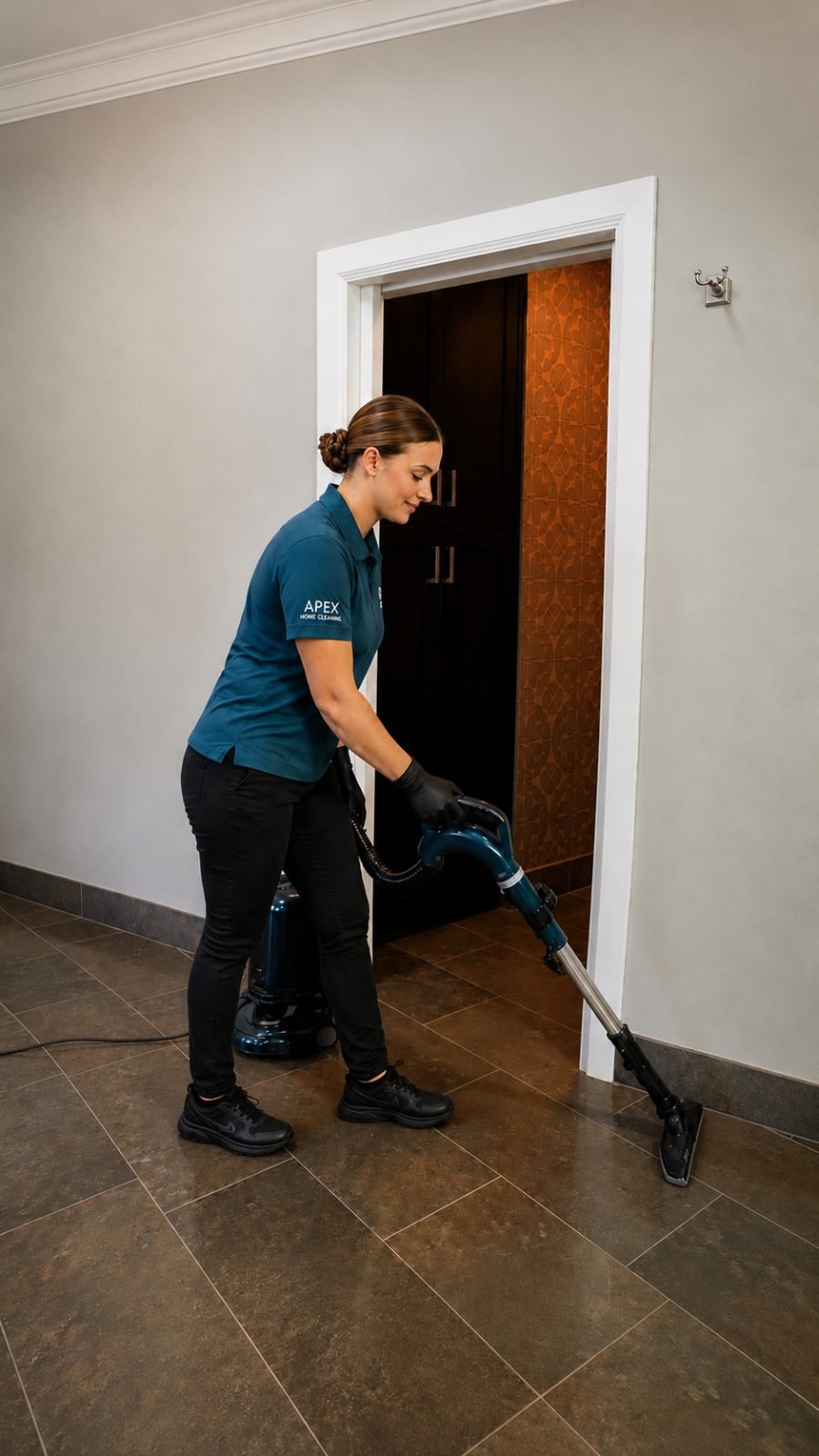 Apex cleaning professional wiping down a kitchen countertop in a bright Corona home