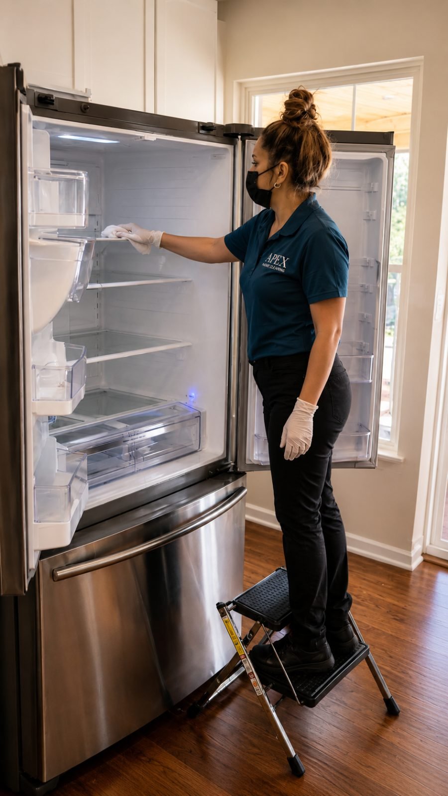 Apex cleaning professional wiping down the inside of a refrigerator in a Fallbrook kitchen