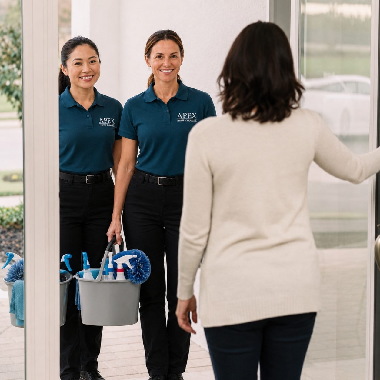 Two friendly Apex cleaning professionals greeting a Fallbrook homeowner at the front door