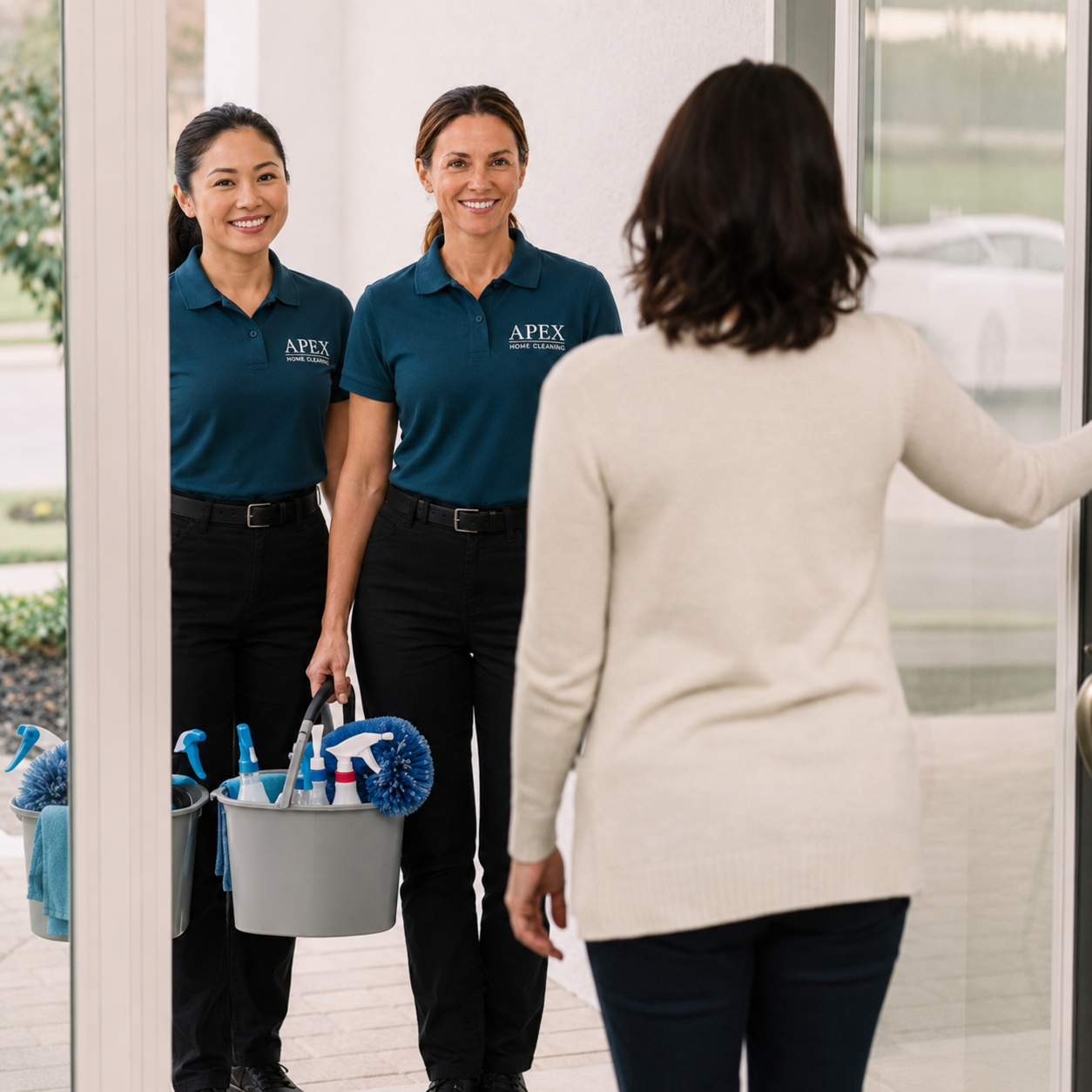 Two friendly Apex cleaning professionals greeting a Fallbrook homeowner at the front door